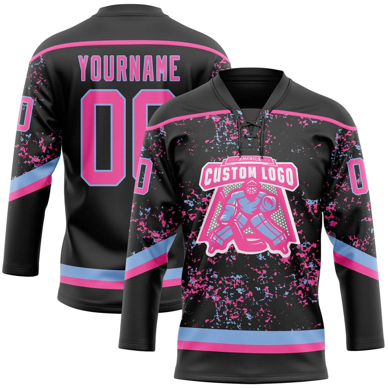 Custom Black Pink-Light Blue 3D Pattern Fragment Art Hockey Lace Neck Jersey
