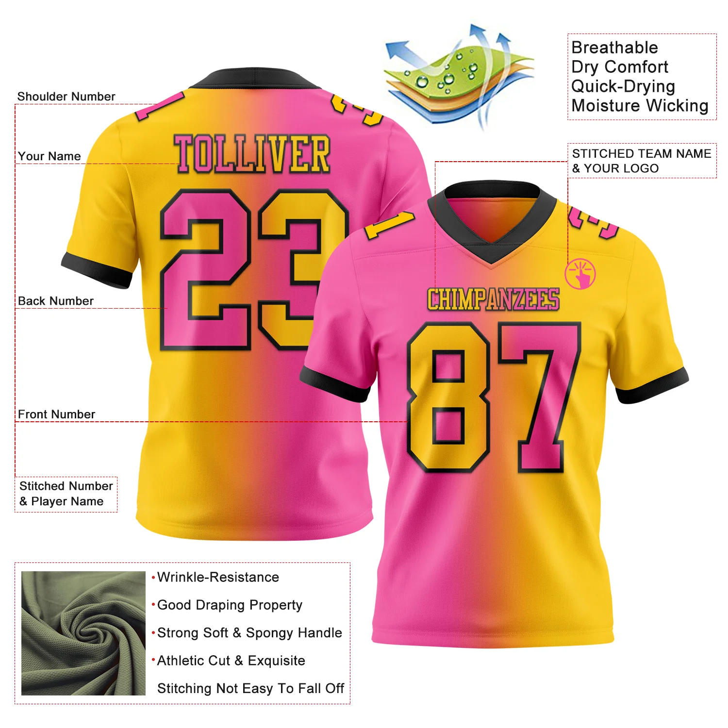 Custom Yellow Pink-Black Authentic Gradient Fashion Football Jersey