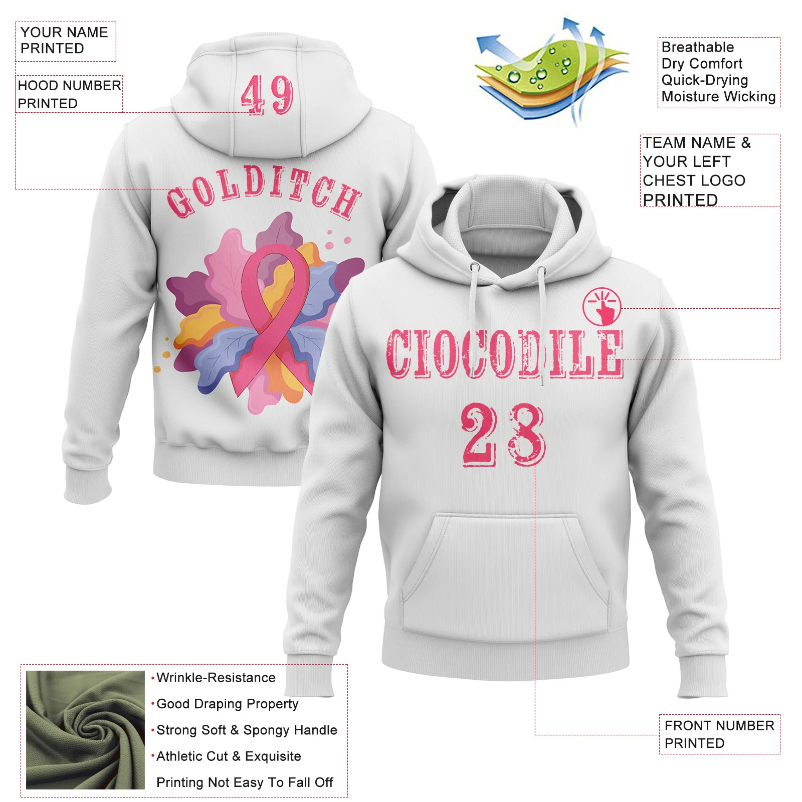 Custom White Neon Pink 3D Pink Ribbon Breast Cancer Awareness Women Health Care Support Sports Pullover Sweatshirt Hoodie