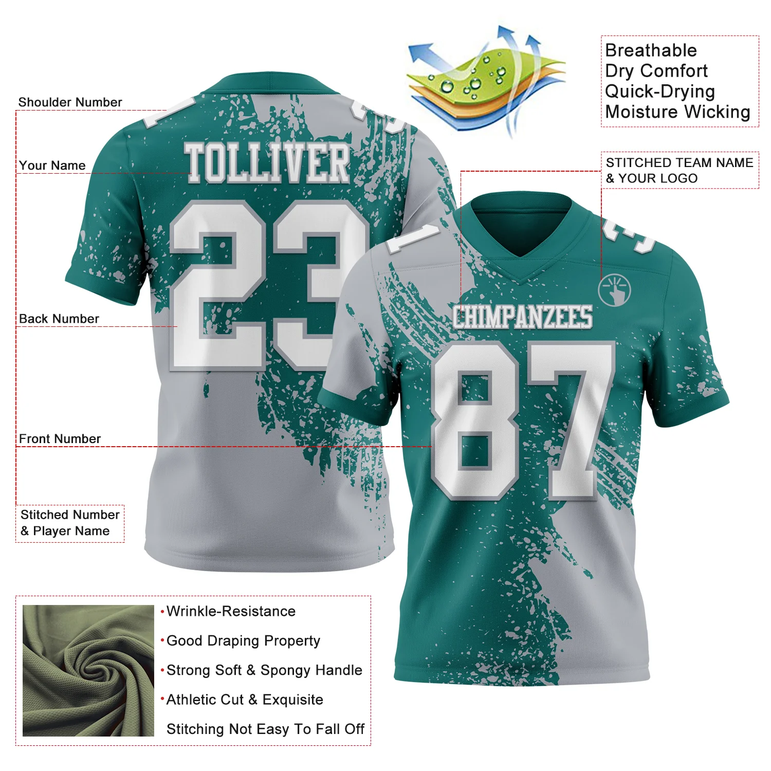 Custom Teal White-Gray 3D Pattern Abstract Brush Stroke Authentic Football Jersey