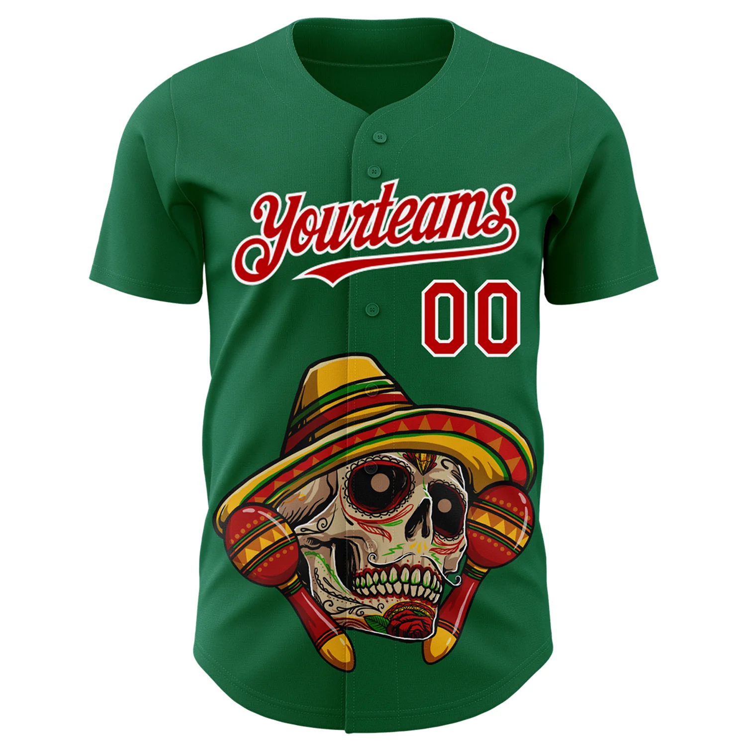 Custom Kelly Green Red-White 3D Mexican Festival Skull With Sombrero Cinco de Mayo Authentic Baseball Jersey