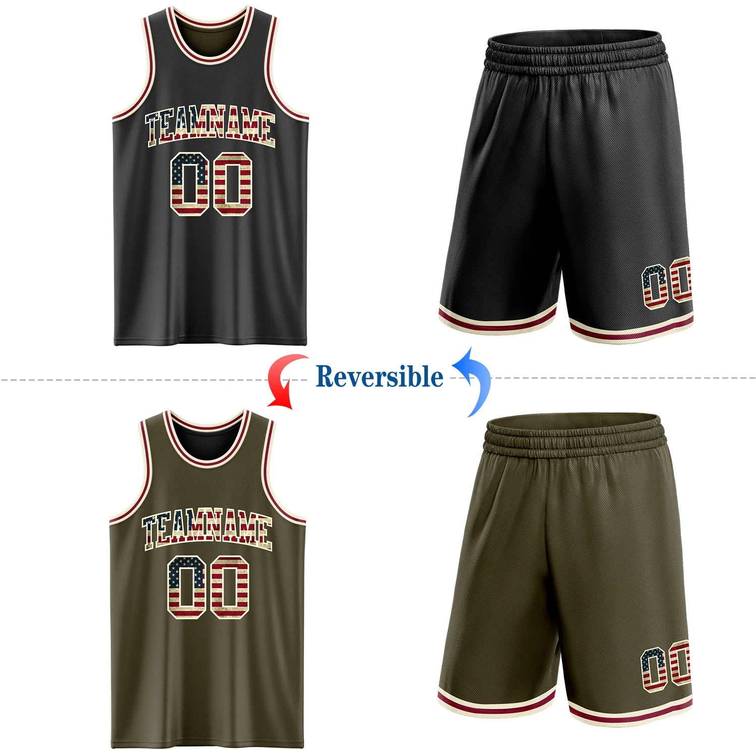 Custom Reversible Black Vintage USA Flag Cream-Maroon Double Side Sublimation Basketball Suit Jersey