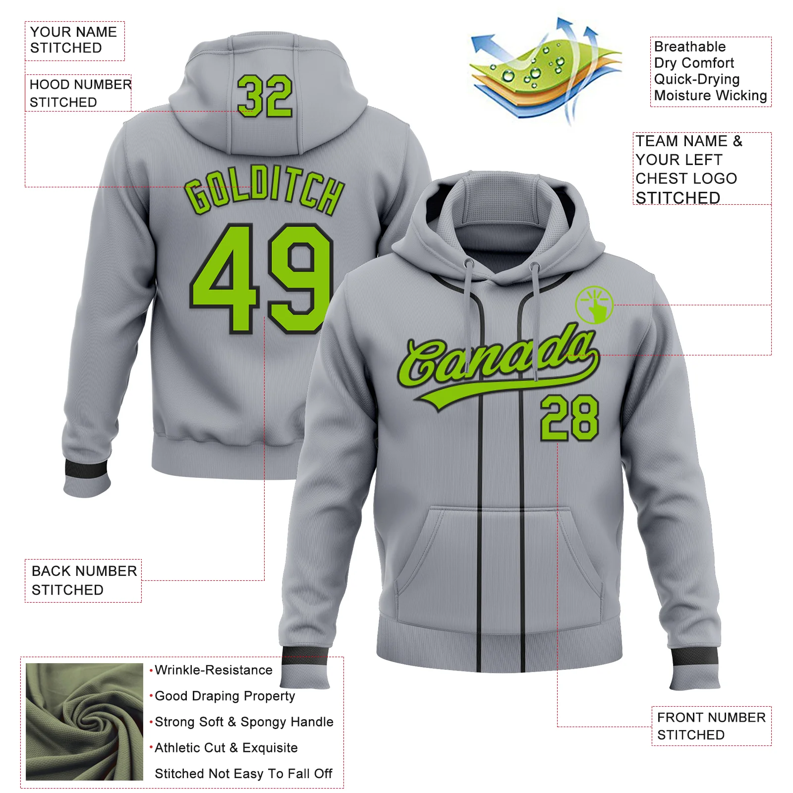 Custom Stitched Gray Neon Green-Black Baseball Pullover Sweatshirt Hoodie