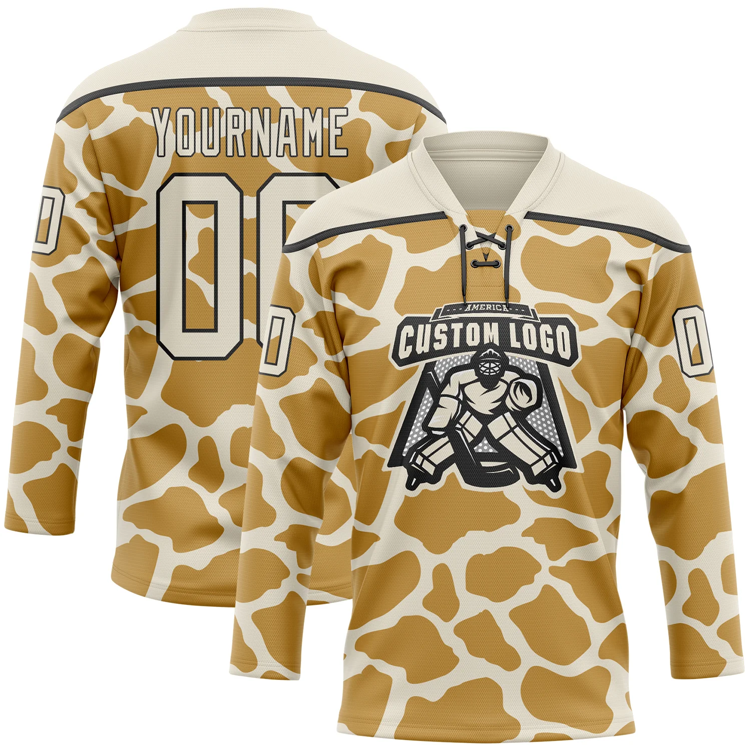 Custom Cream Old Gold-Black 3D Pattern Giraffe Print Hockey Lace Neck Jersey