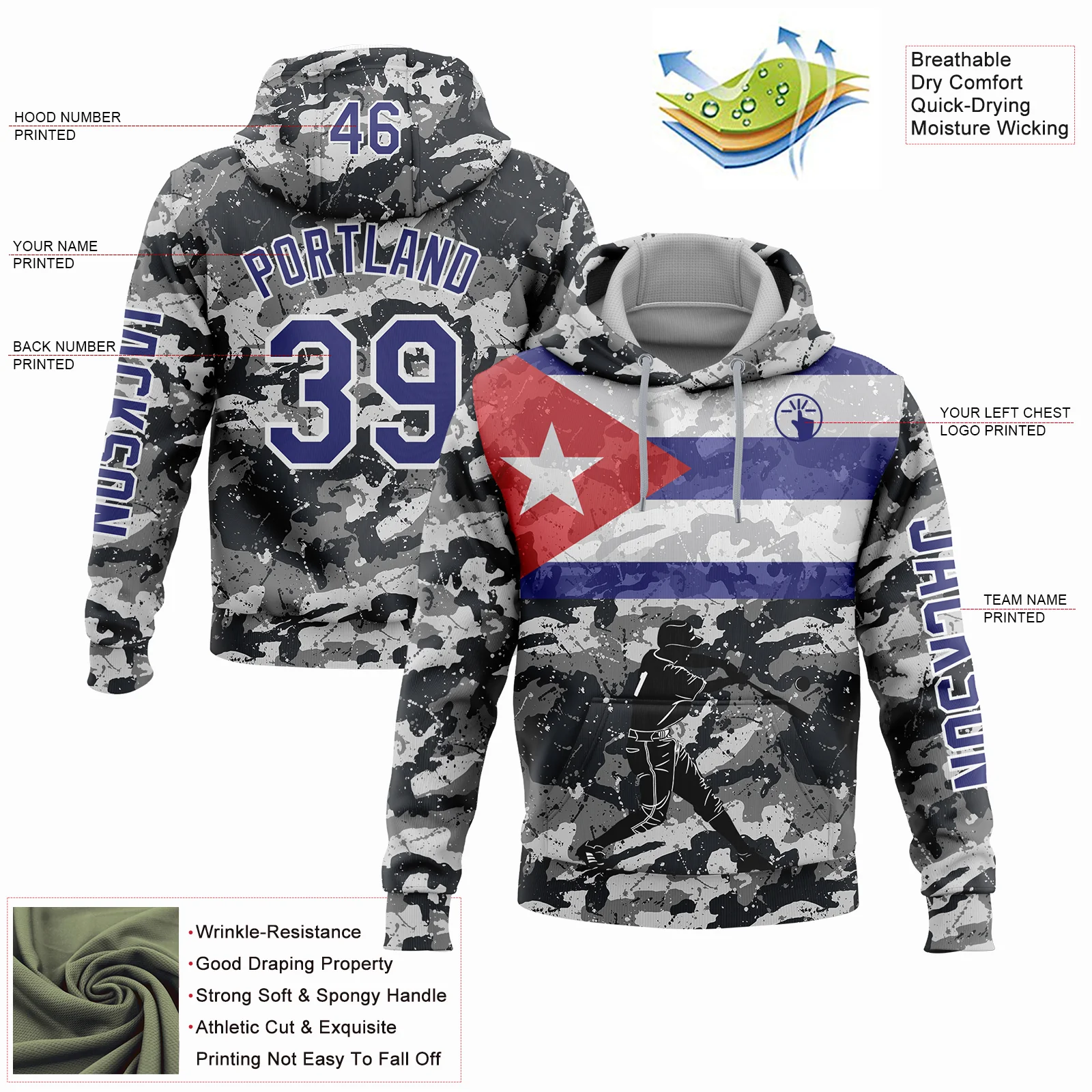 Custom Camo Dark Purple-White 3D Cuba Cuban Flag Sports Pullover Sweatshirt Salute To Service Hoodie
