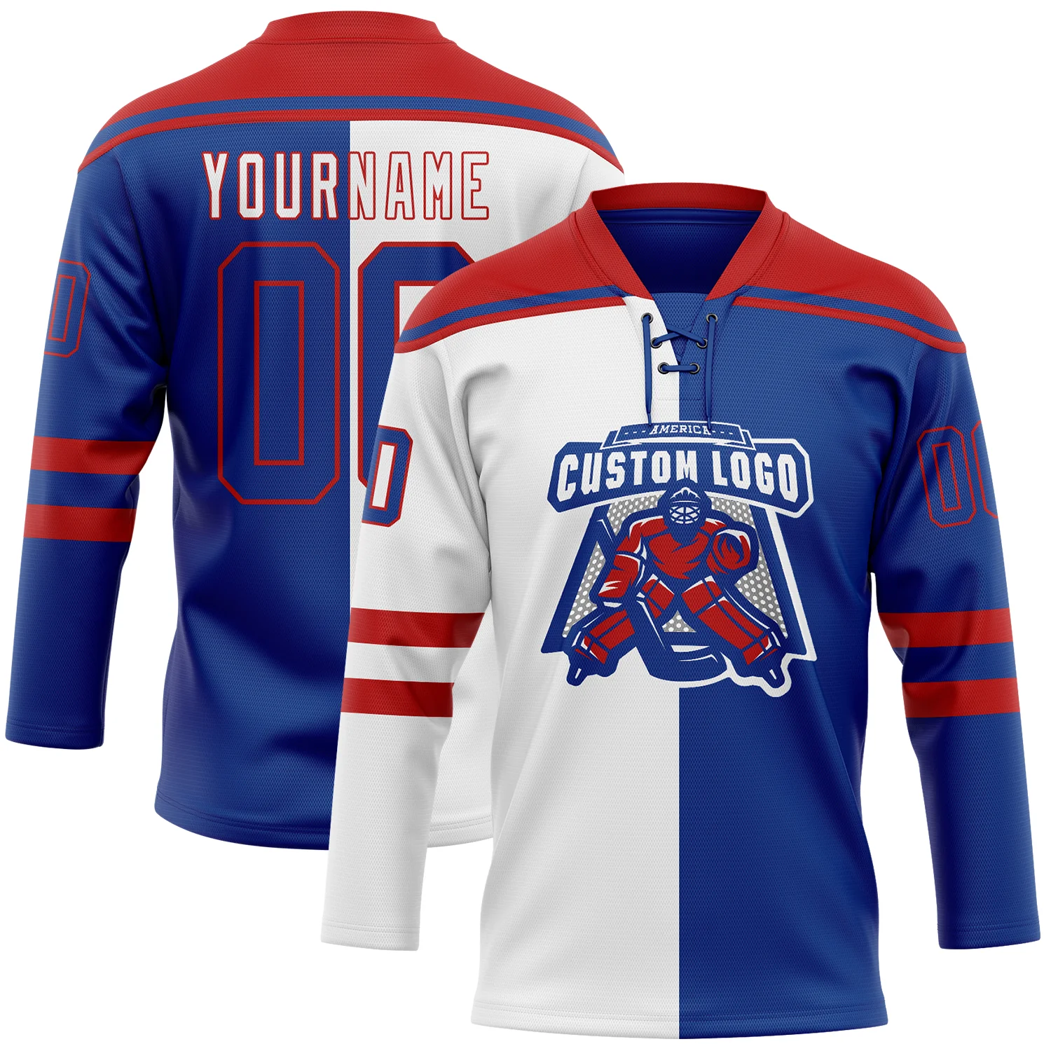 Custom Royal Red-White Split Fashion Hockey Lace Neck Jersey