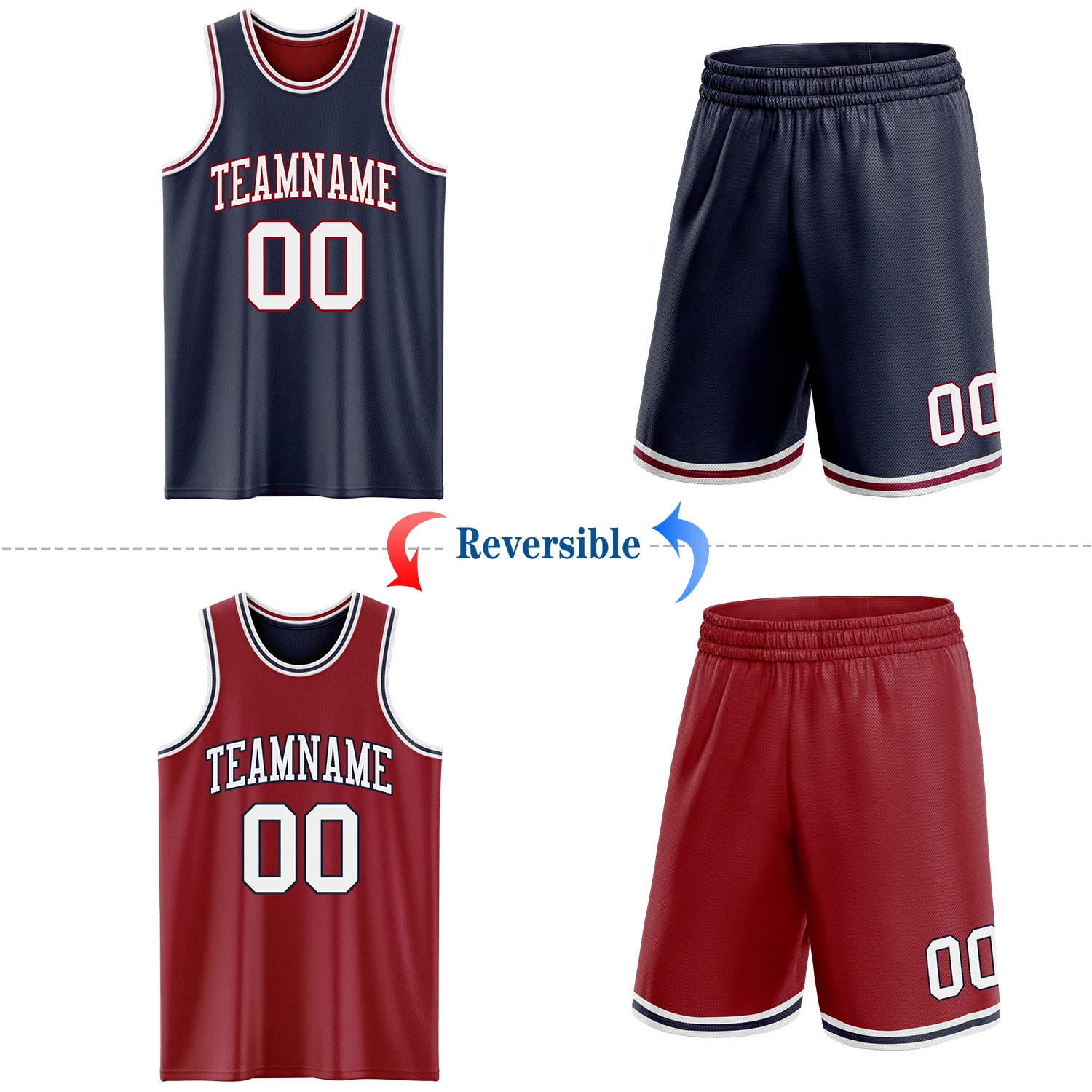 Custom Navy White-Maroon Reversible Double Side Sublimation Basketball Suit Jersey