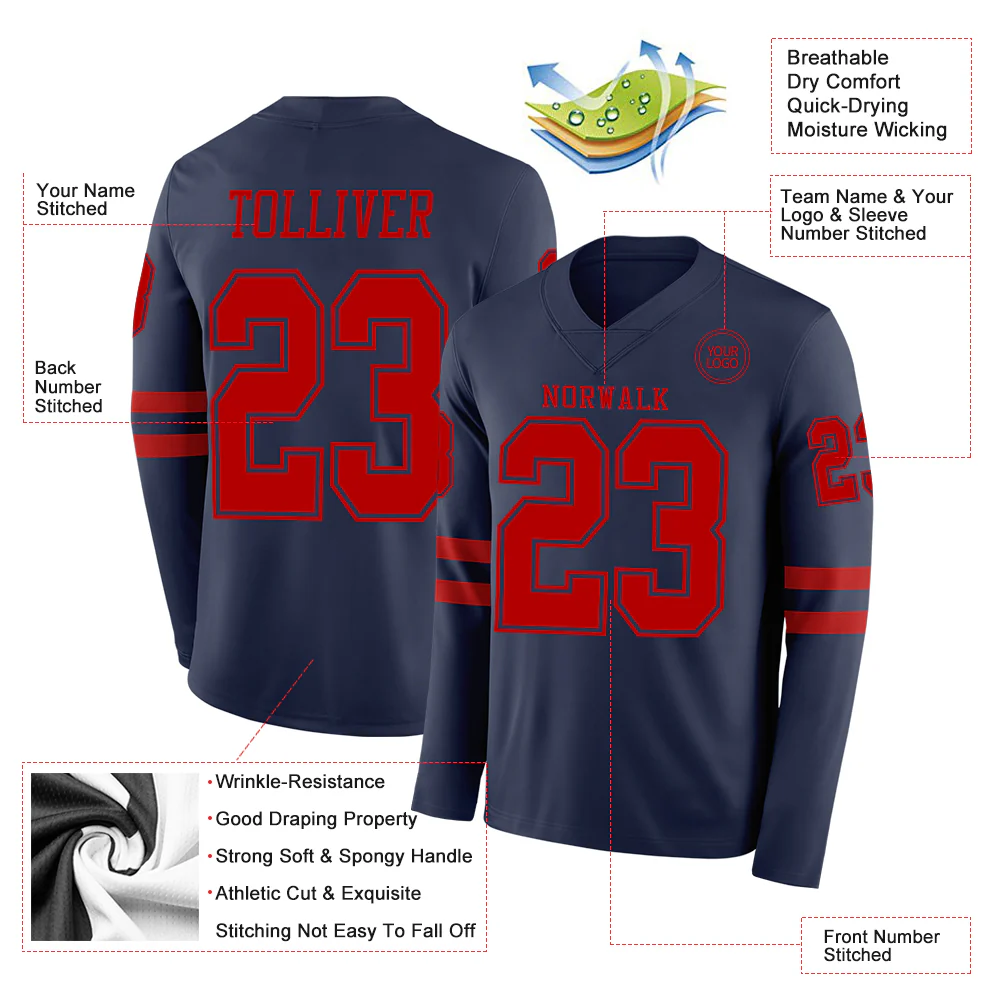 Custom Navy Red Long Sleeve Authentic Football Jersey
