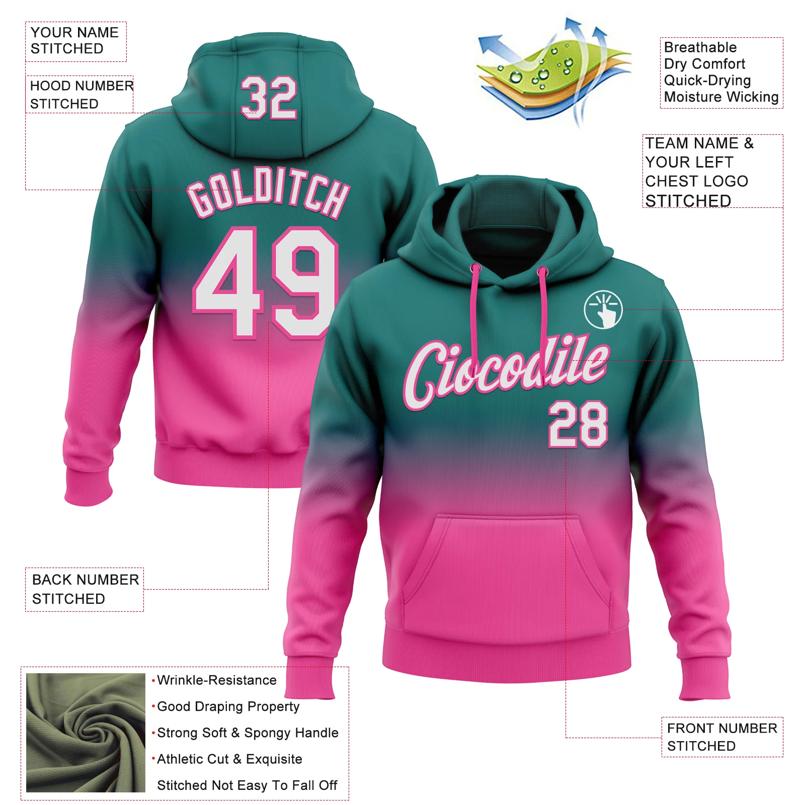 Custom Stitched Teal White-Pink Fade Fashion Sports Pullover Sweatshirt Hoodie
