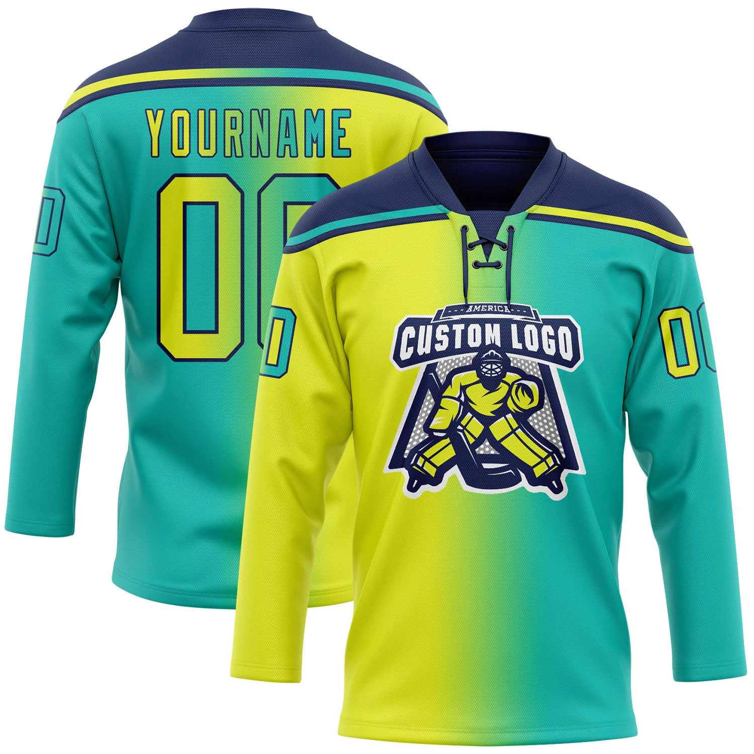 Custom Aqua Neon Yellow-Navy Gradient Fashion Hockey Lace Neck Jersey