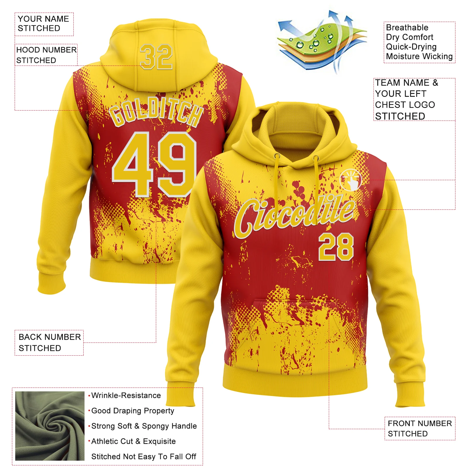 Custom Stitched Yellow Red-White 3D Pattern Design Abstract Splatter Grunge Art Sports Pullover Sweatshirt Hoodie