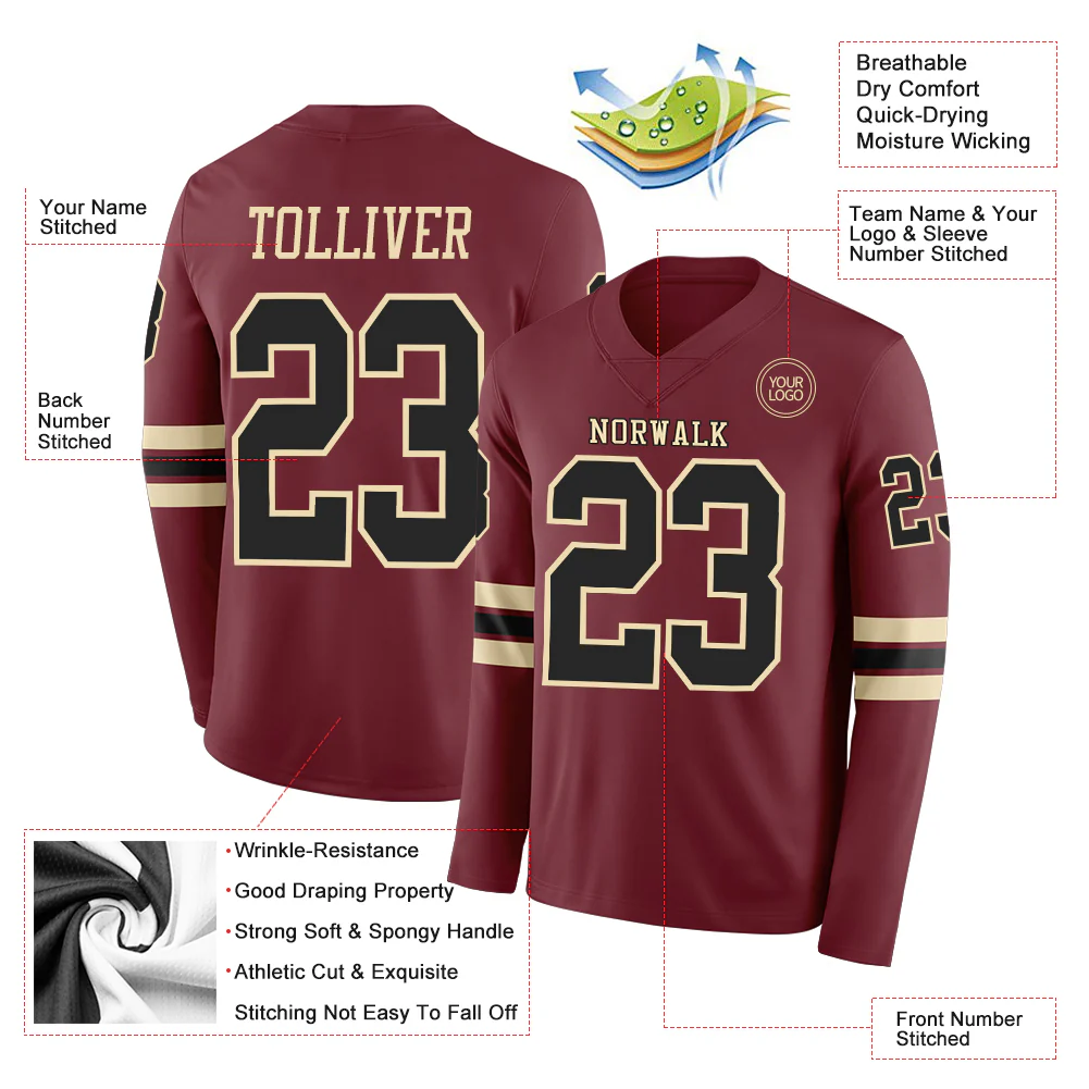 Custom Burgundy Black-Cream Long Sleeve Authentic Football Jersey