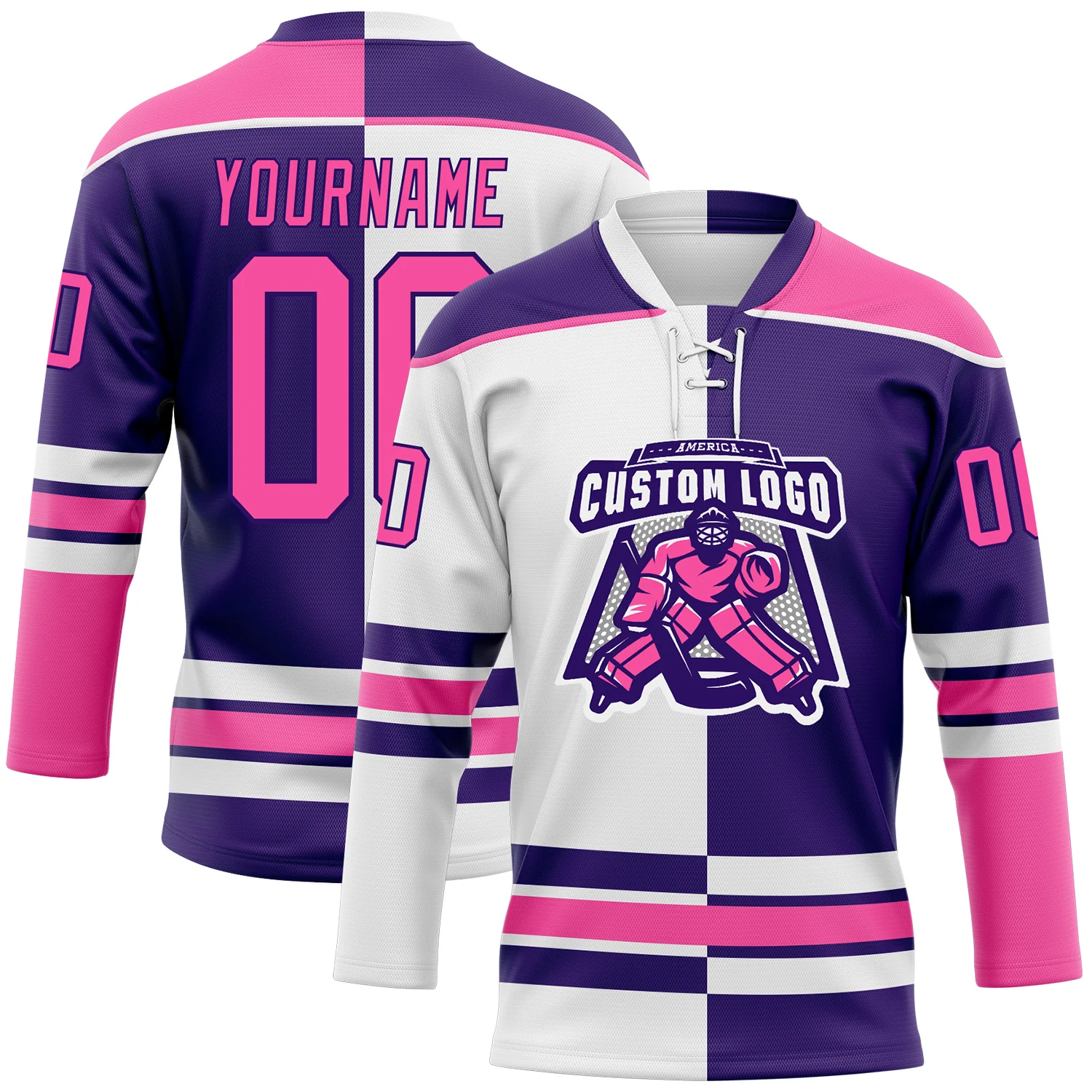 Custom Purple Pink-White Split Fashion Hockey Lace Neck Jersey