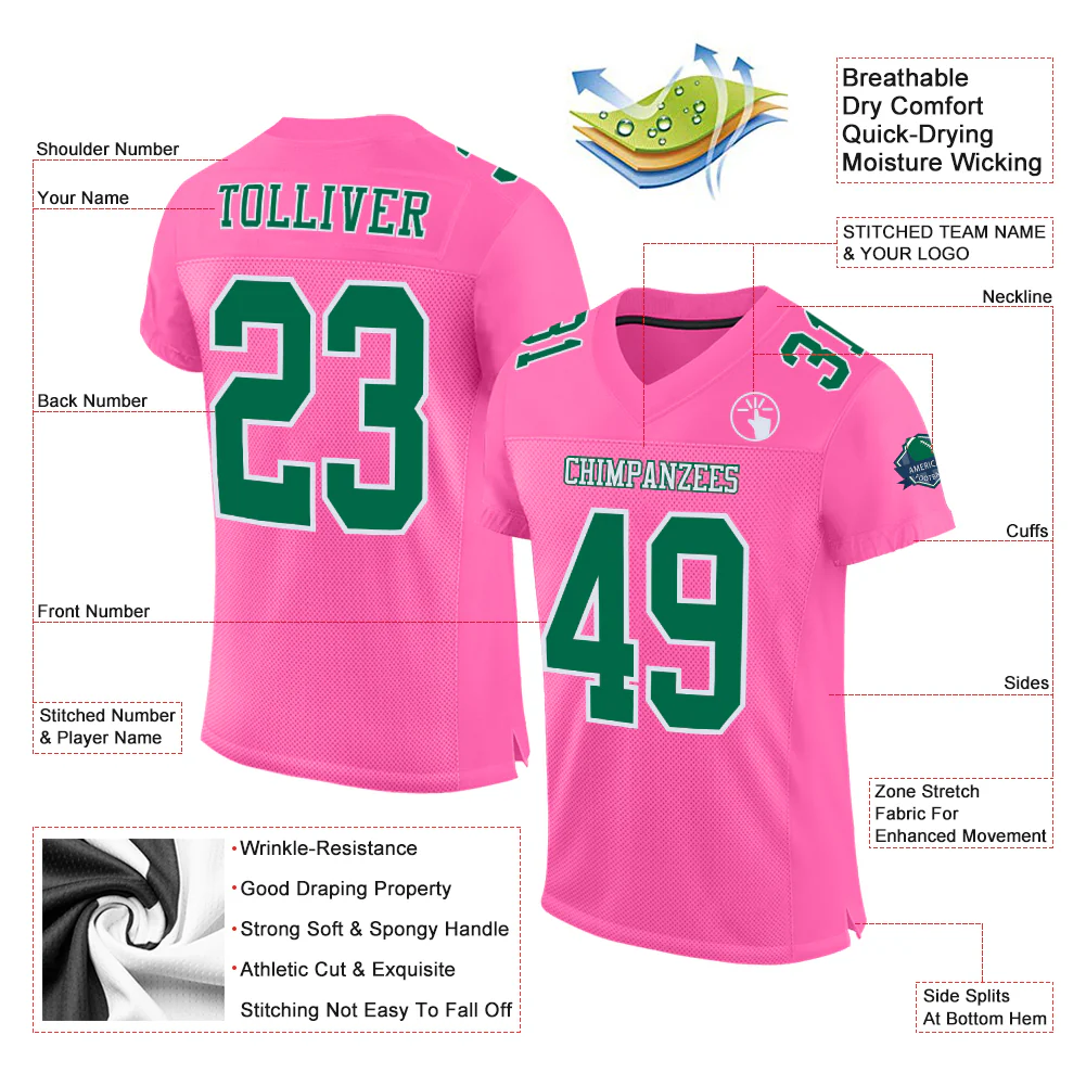 Custom Pink Kelly Green-White Mesh Authentic Football Jersey