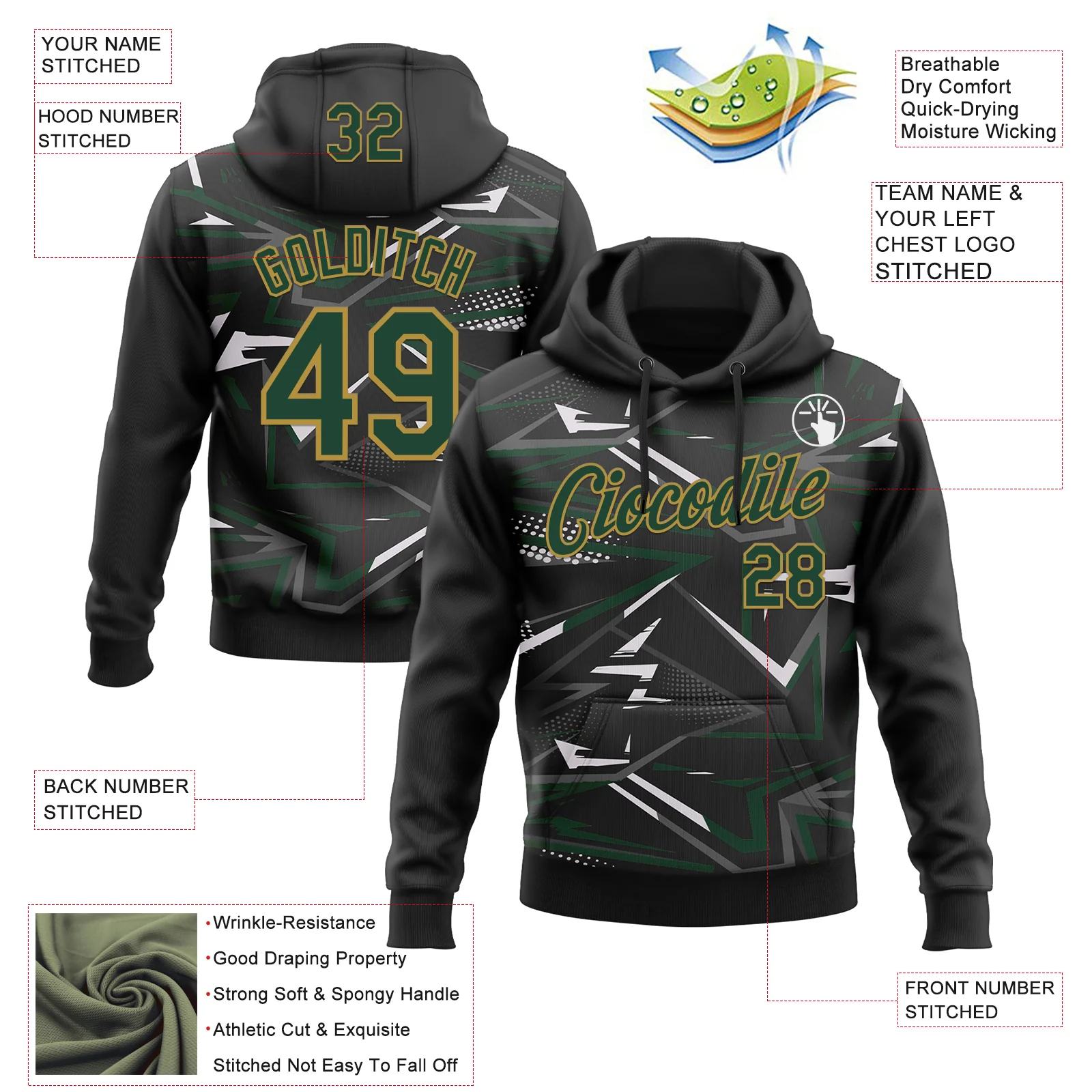 Custom Stitched Black Green Old Gold-White 3D Pattern Design Line Sports Pullover Sweatshirt Hoodie