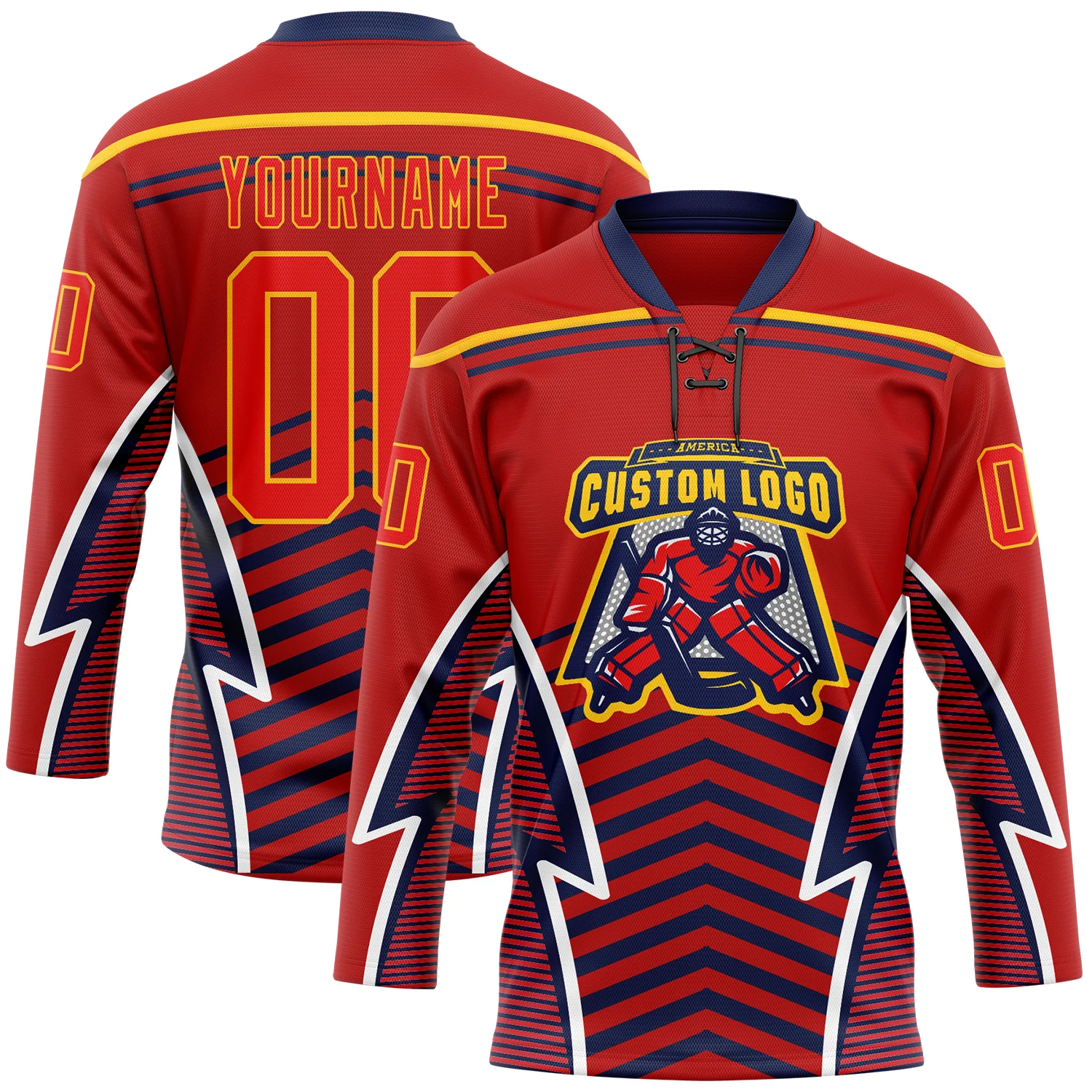 Custom Red Fire Red Gold Navy-White 3D Abstract Pattern Graphic Cyber Mecha E-sport Hockey Lace Neck Jersey