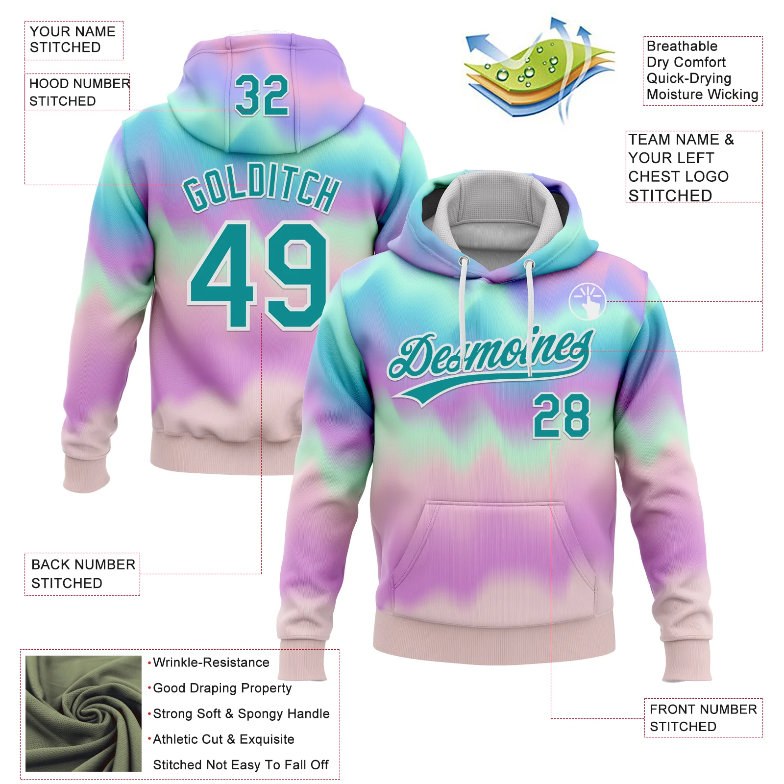 Custom Stitched Tie Dye Teal-White 3D Sports Pullover Sweatshirt Hoodie
