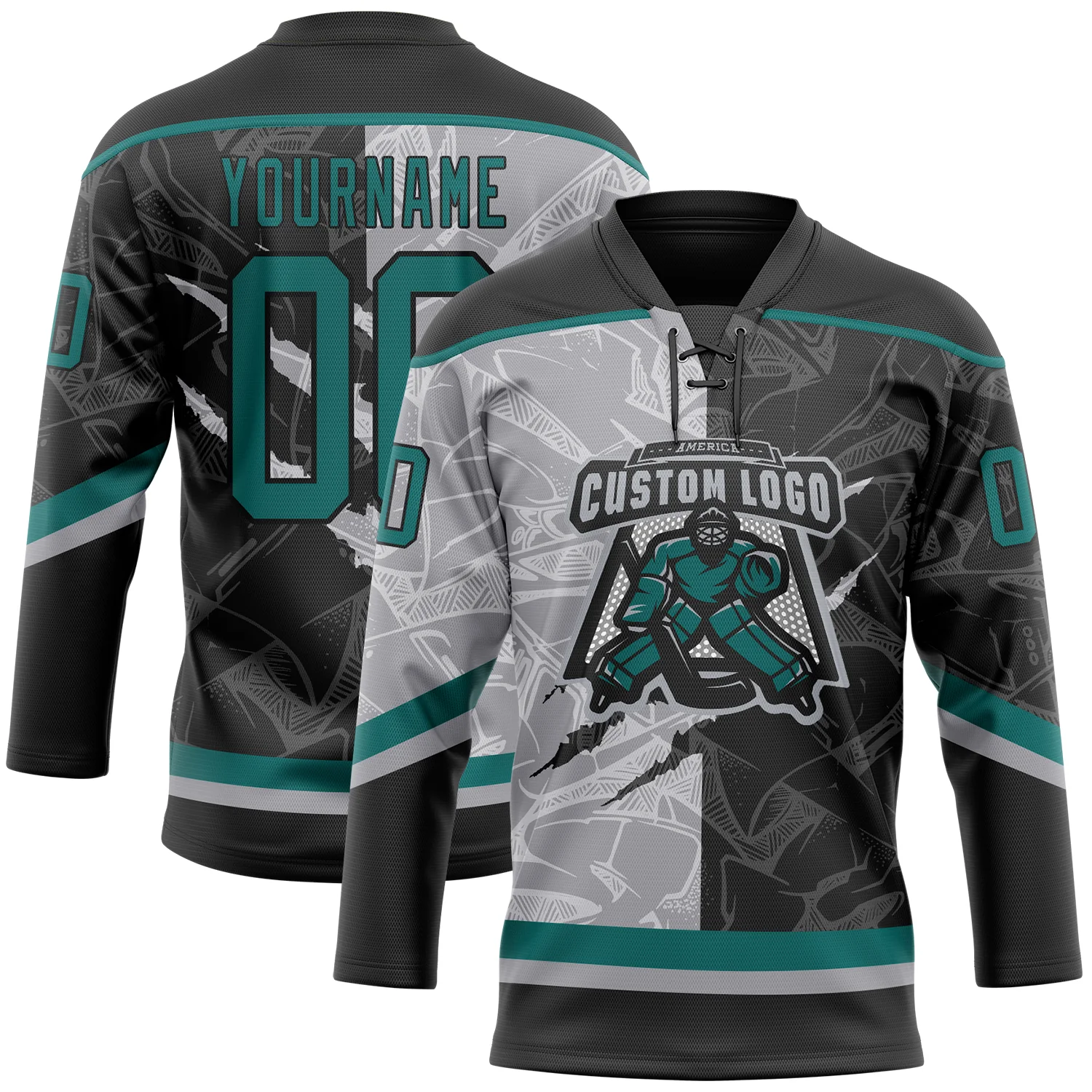 Custom Black Teal-Gray 3D Pattern Gradient Fashion Scratch Hockey Lace Neck Jersey