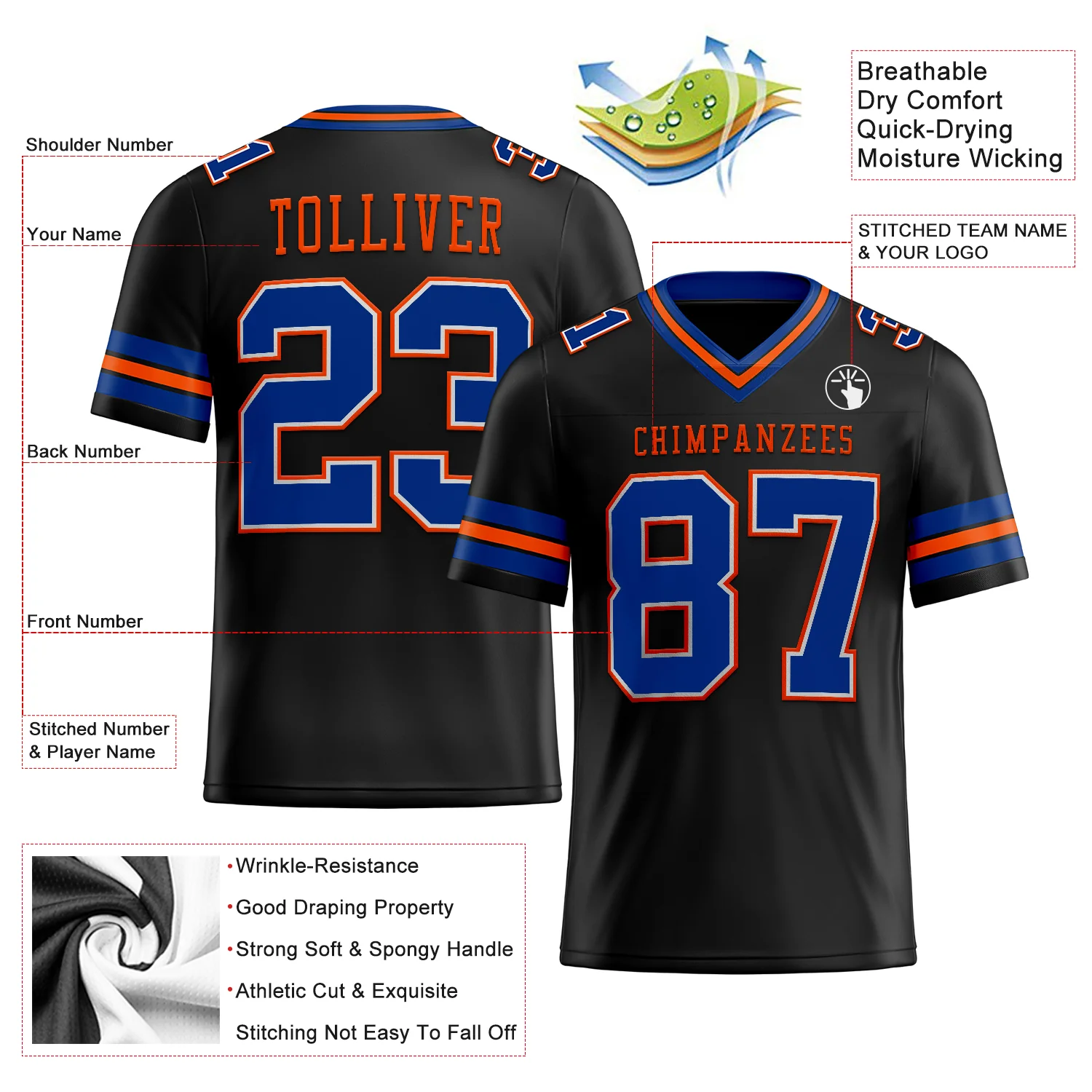 Custom Black Royal-Orange Authentic Football Jersey