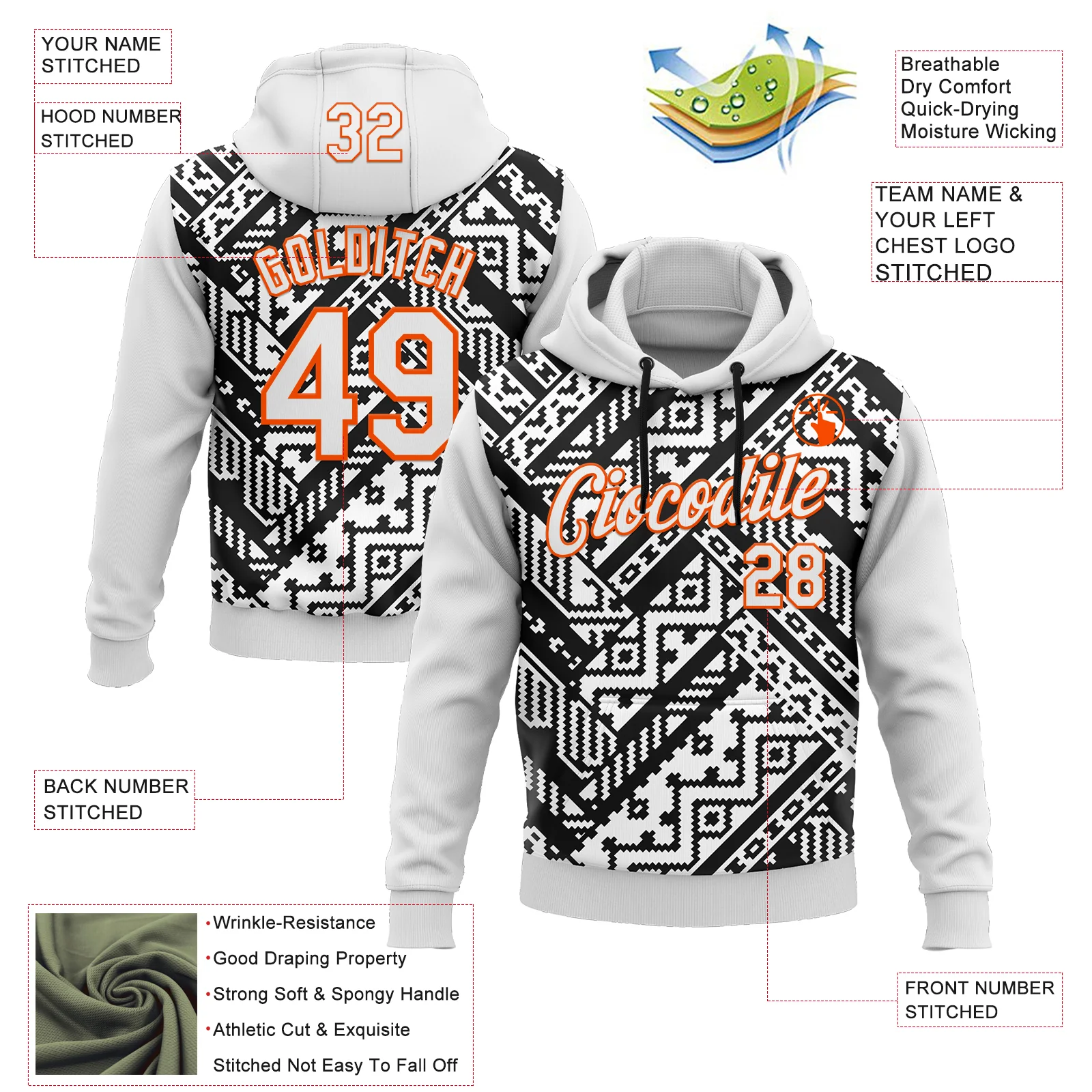 Custom Stitched White Black-Orange 3D Mexico Aztec Pattern Sports Pullover Sweatshirt Hoodie