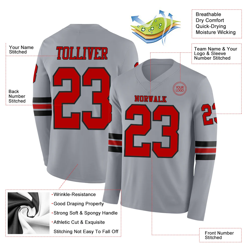 Custom Gray Red-Black Long Sleeve Authentic Football Jersey