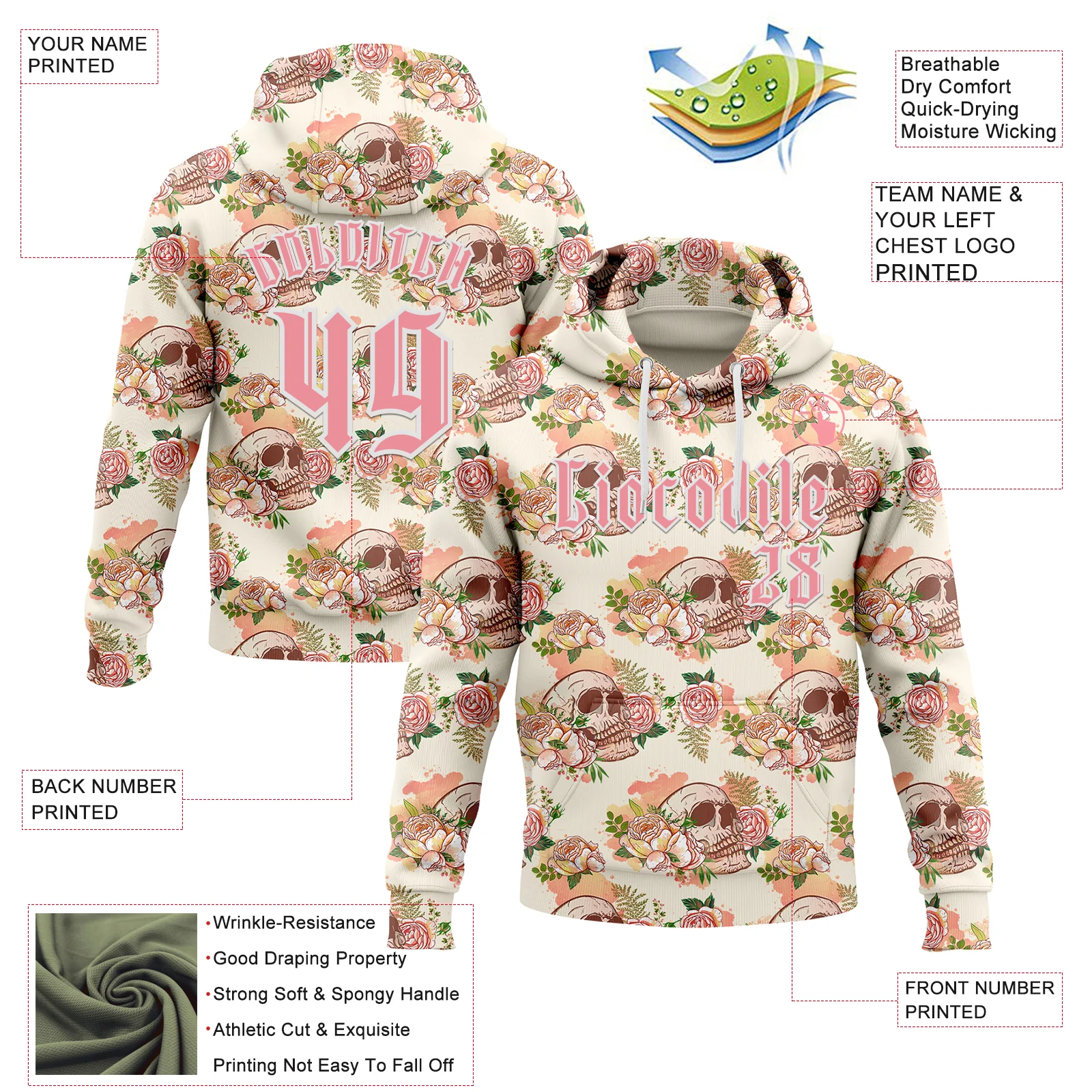 Custom Cream Medium Pink-White 3D Skull Roses Gothic Vintage Sports Pullover Sweatshirt Hoodie