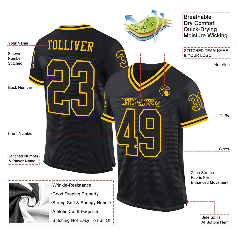 Custom Black Black-Gold Mesh Authentic Throwback Football Jersey