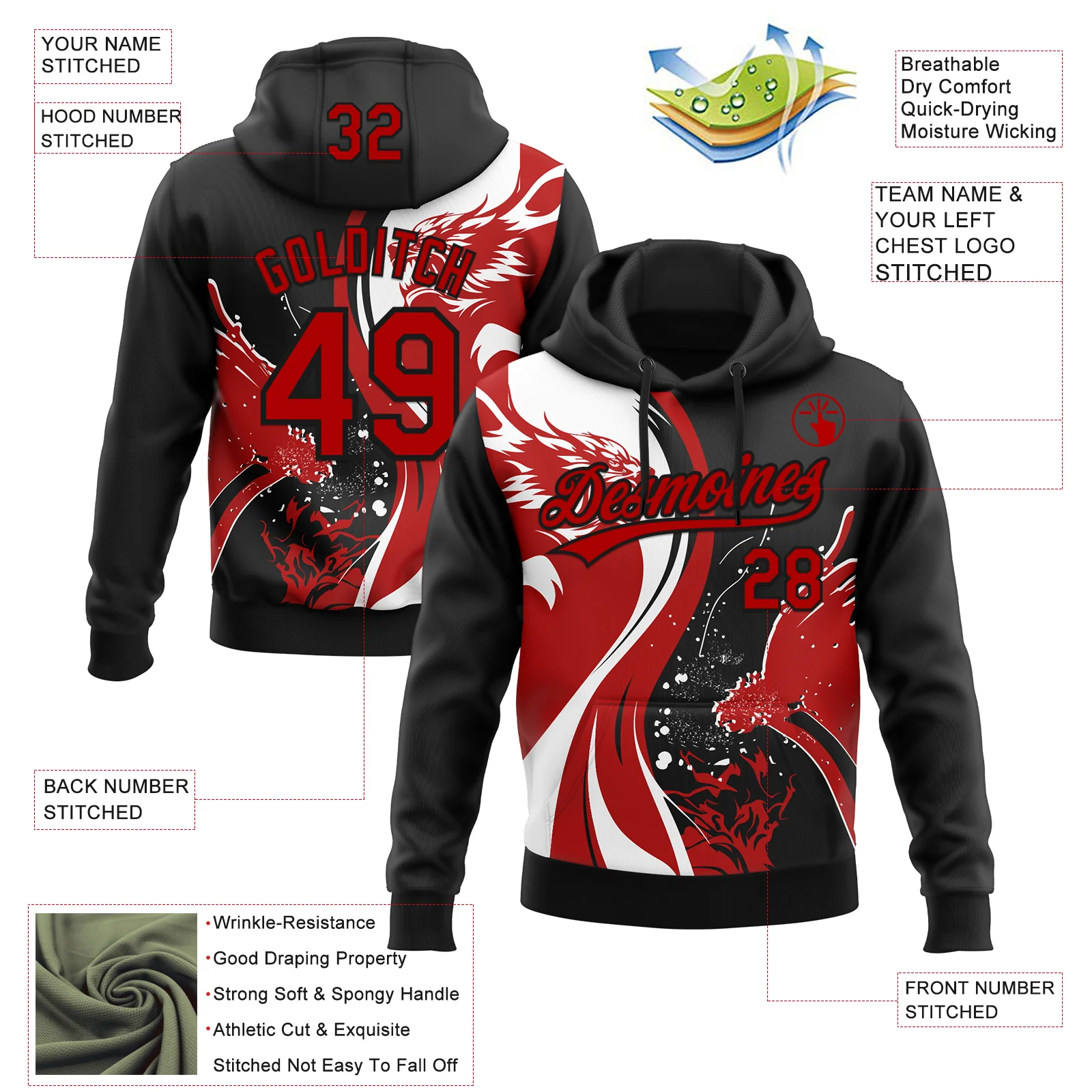 Custom Stitched White Red-Black 3D Pattern Design Wolf Sports Pullover Sweatshirt Hoodie