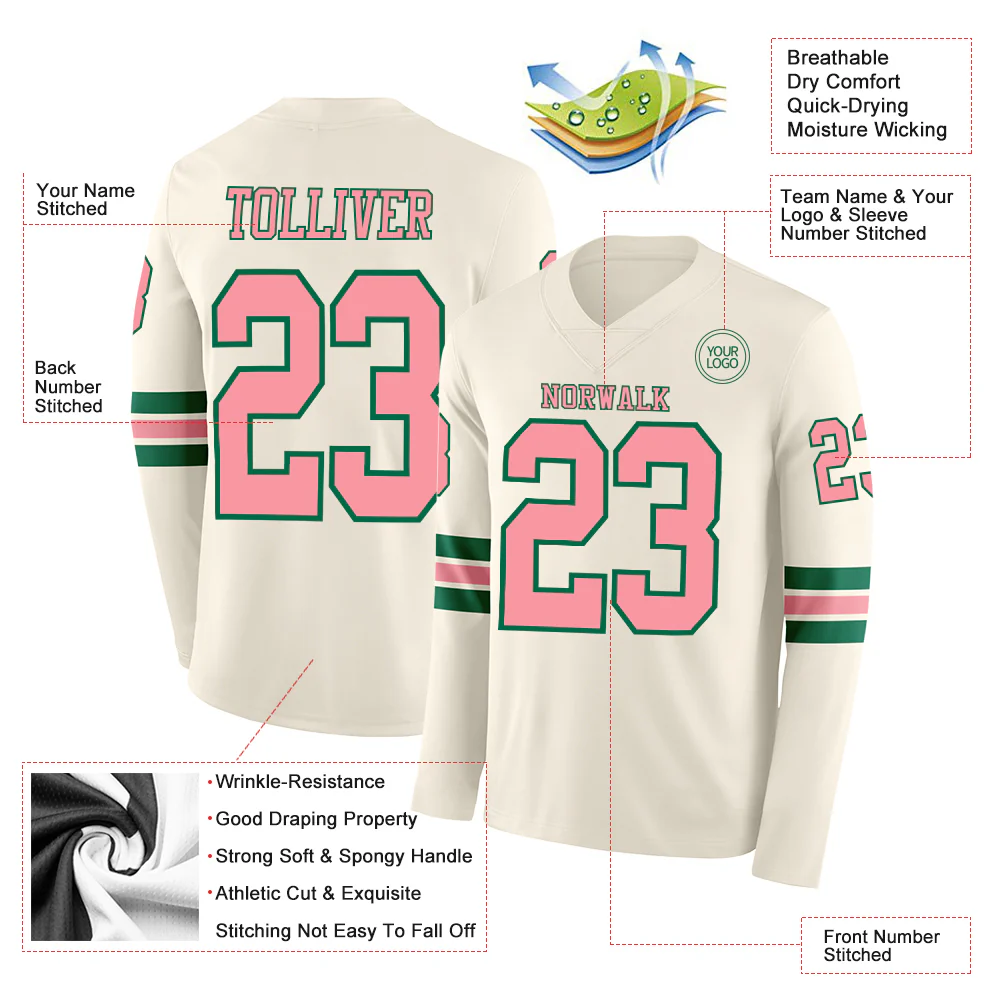 Custom Cream Medium Pink-Kelly Green Long Sleeve Authentic Football Jersey