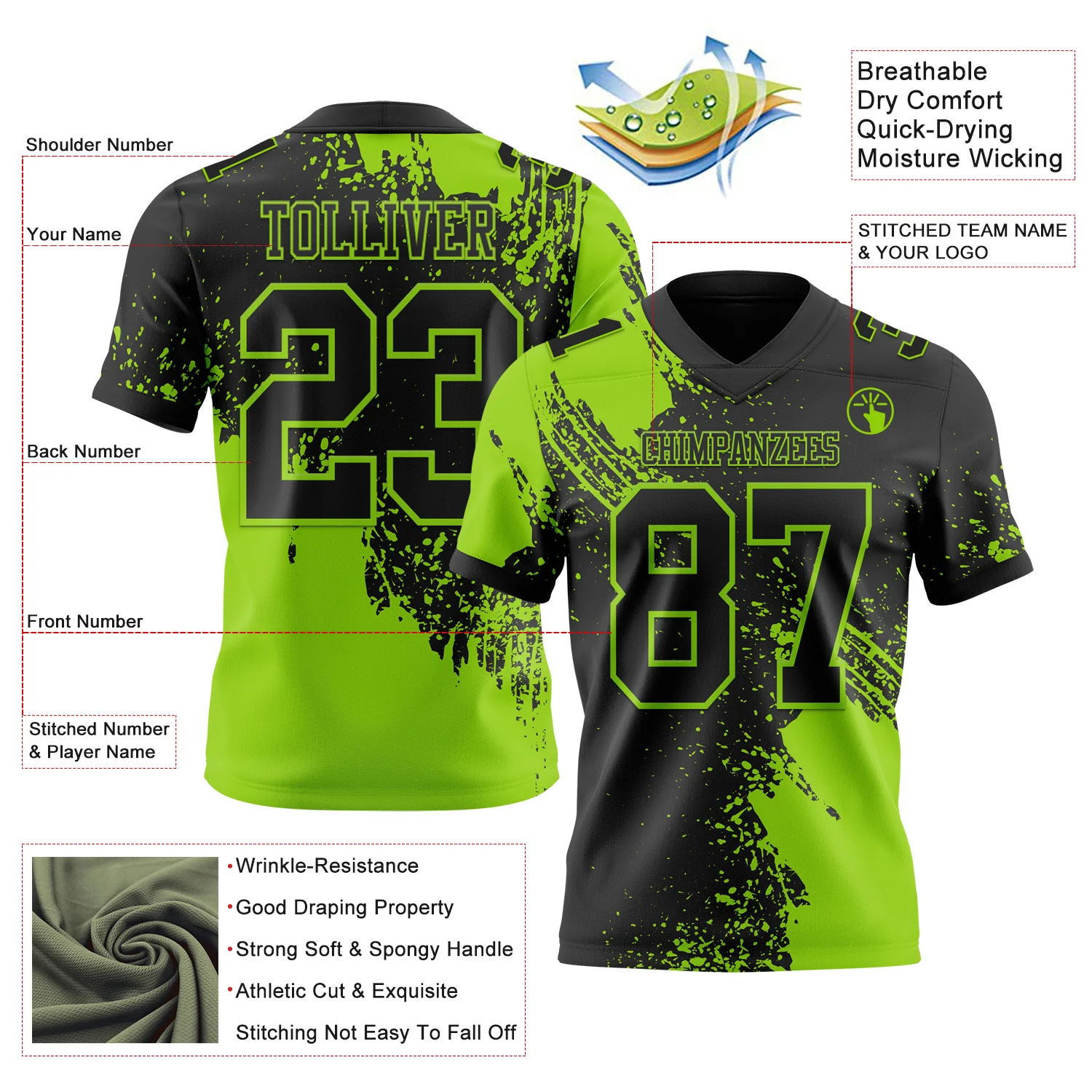 Custom Black Neon Green 3D Pattern Abstract Brush Stroke Authentic Football Jersey