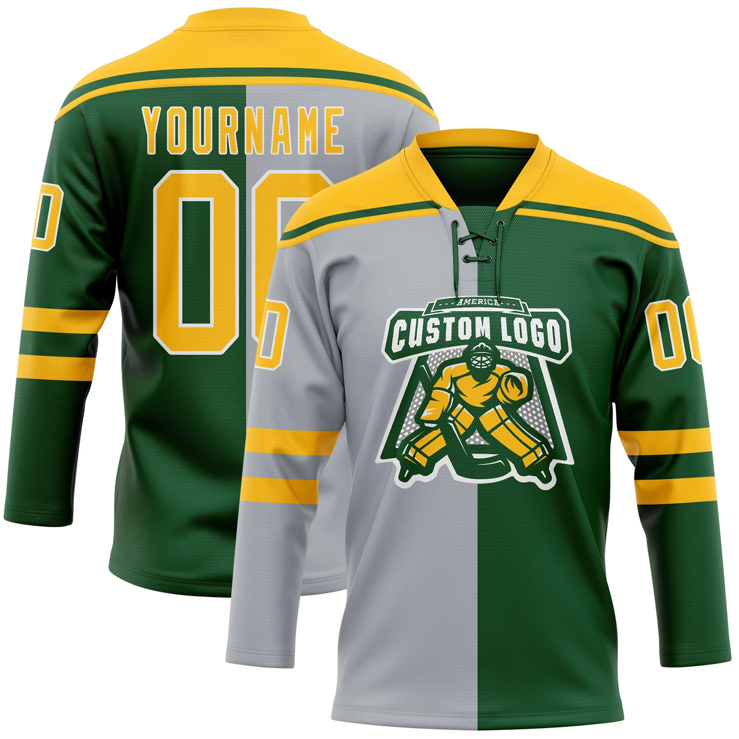 Custom Green Gold Gray-White Split Fashion Hockey Lace Neck Jersey