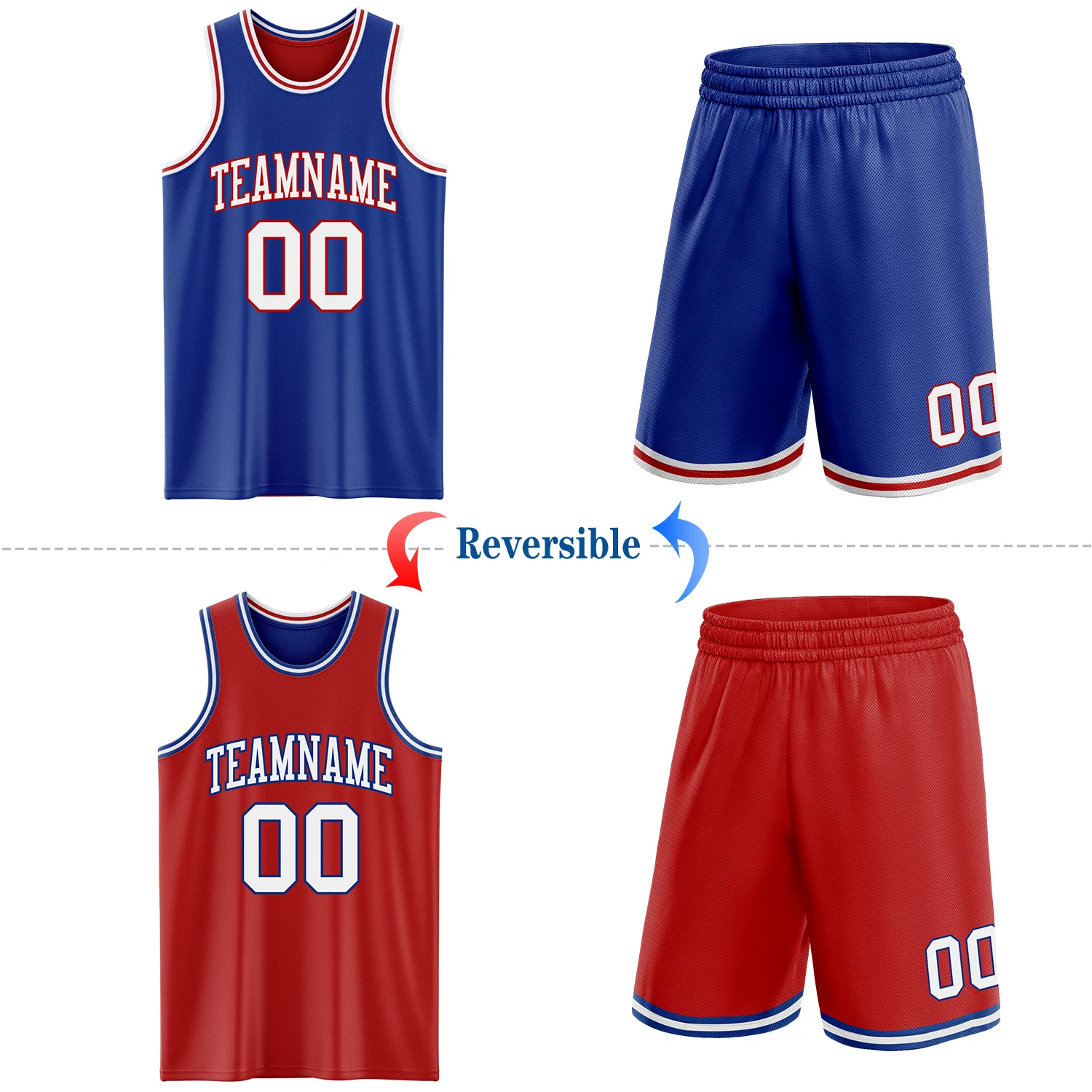 Custom Royal White-Red Reversible Double Side Sublimation Basketball Suit Jersey