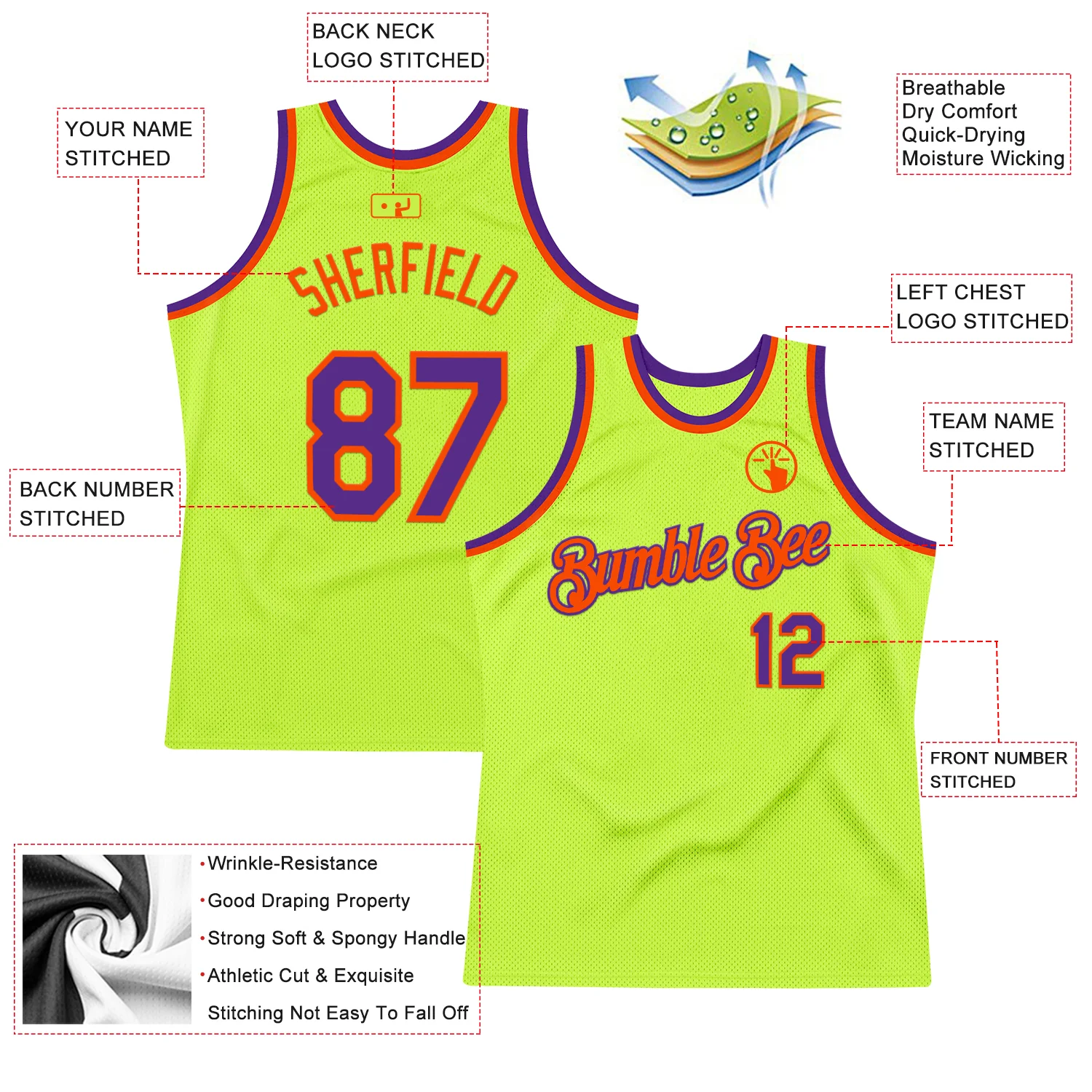 Custom Neon Green Purple-Orange Authentic Throwback Basketball Jersey