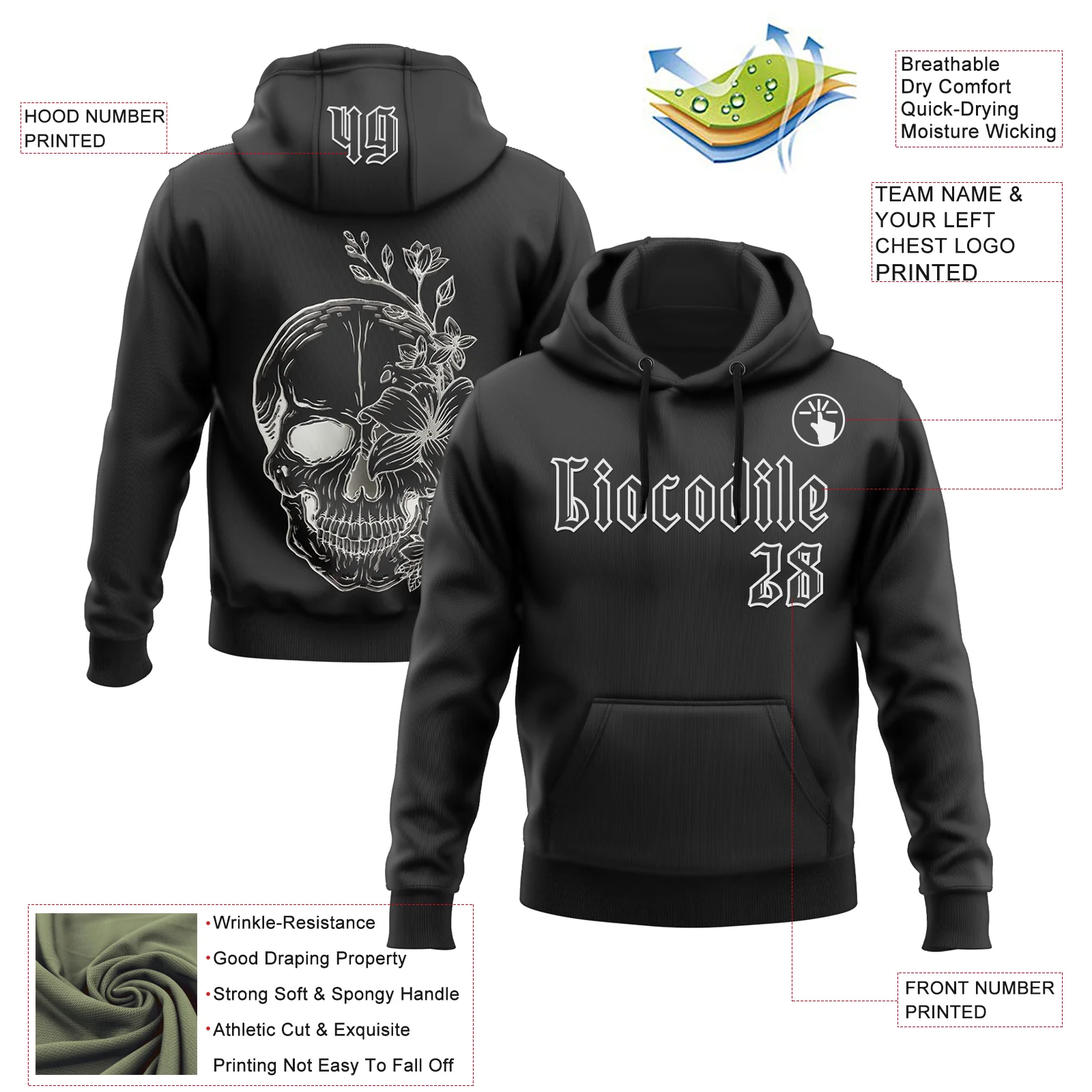 Custom Black White 3D Skull Gothic Floral Sports Pullover Sweatshirt Hoodie