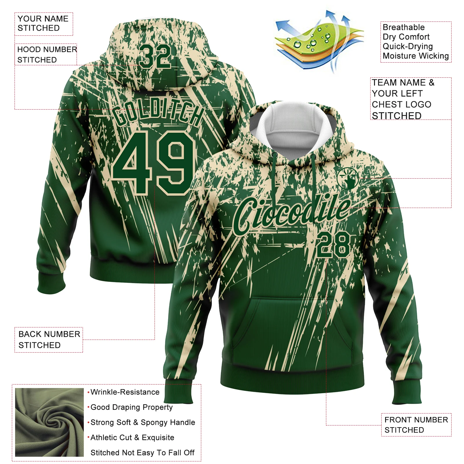 Custom Stitched Green Cream 3D Pattern Design Splash Grunge Art Sports Pullover Sweatshirt Hoodie