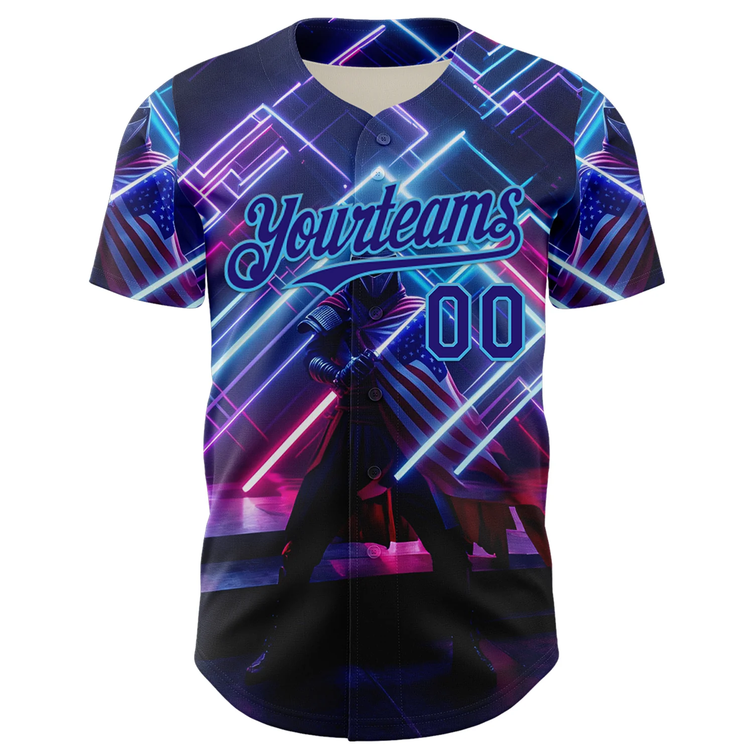 Custom Blue Dark Purple-Sky Blue 3D Pattern Design Outer Space Light Swords American Flag Authentic Baseball Jersey