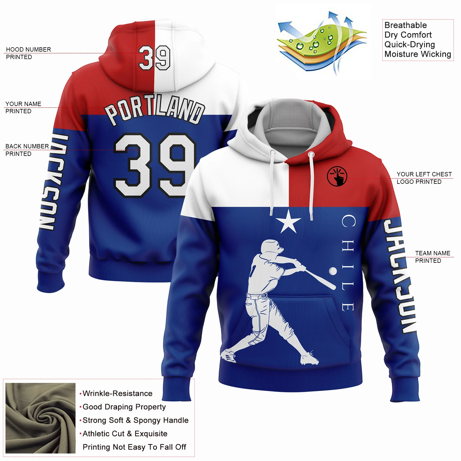 Custom Royal Red-Black 3D Chile Chilean Flag Sports Pullover Sweatshirt Hoodie