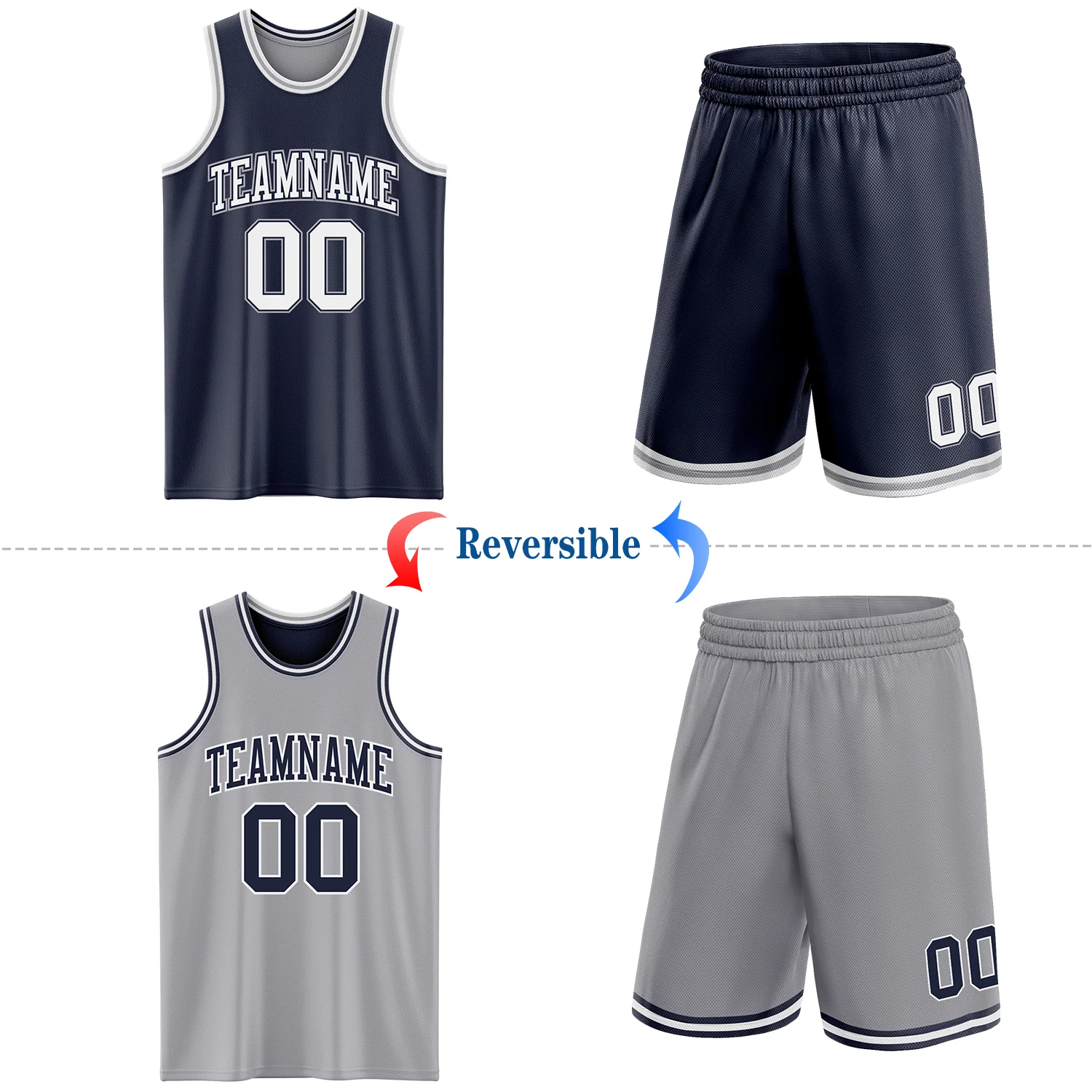 Custom Navy White-Gray Reversible Double Side Sublimation Basketball Suit Jersey