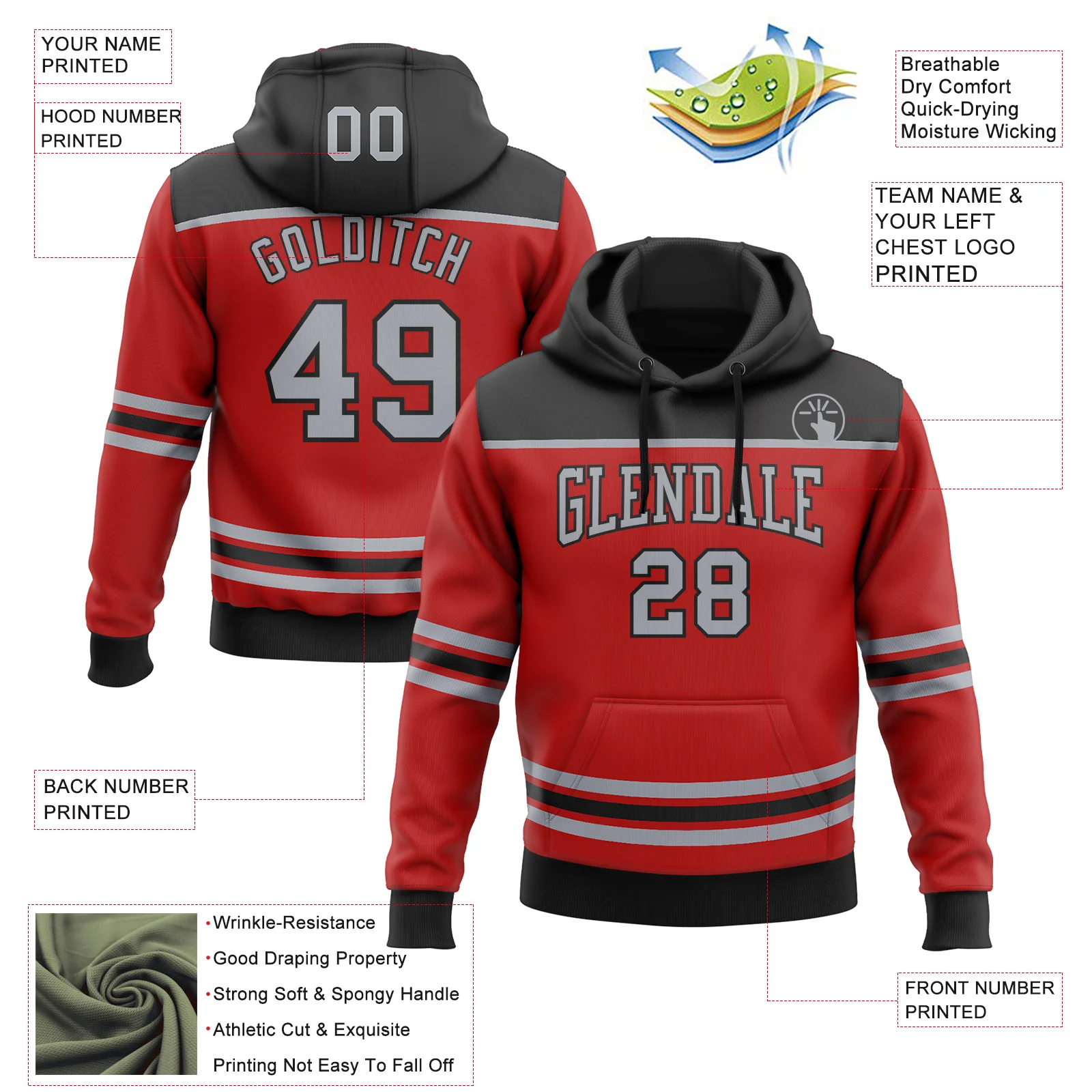 Custom Red Gray-Black 3D Pattern Design Game Day Carolina Inspired Sports Pullover Sweatshirt Hoodie