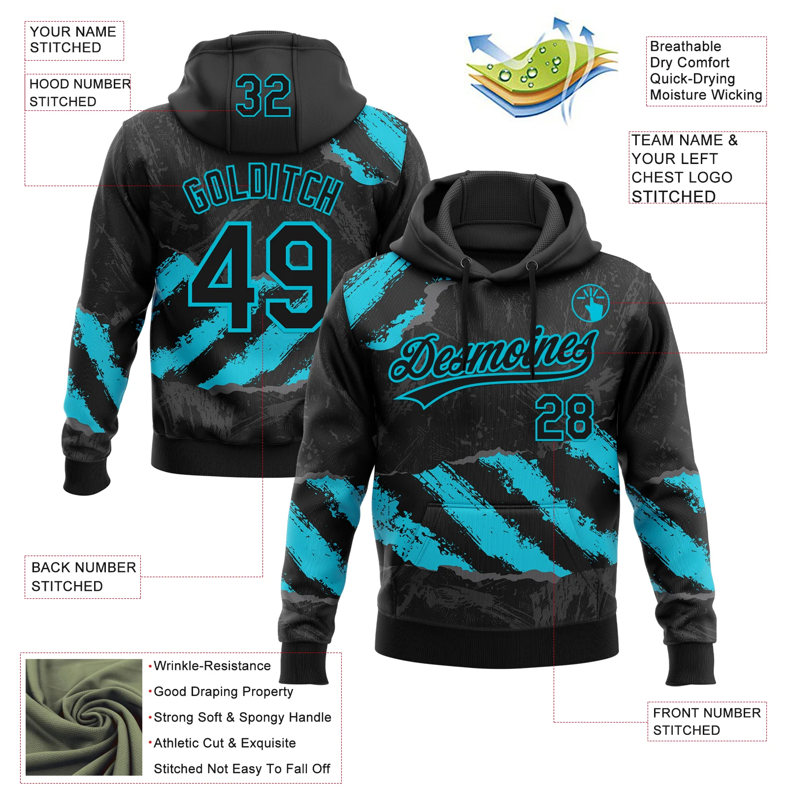 Custom Stitched Black Lakes Blue-Steel Gray 3D Pattern Design Splash Sports Pullover Sweatshirt Hoodie
