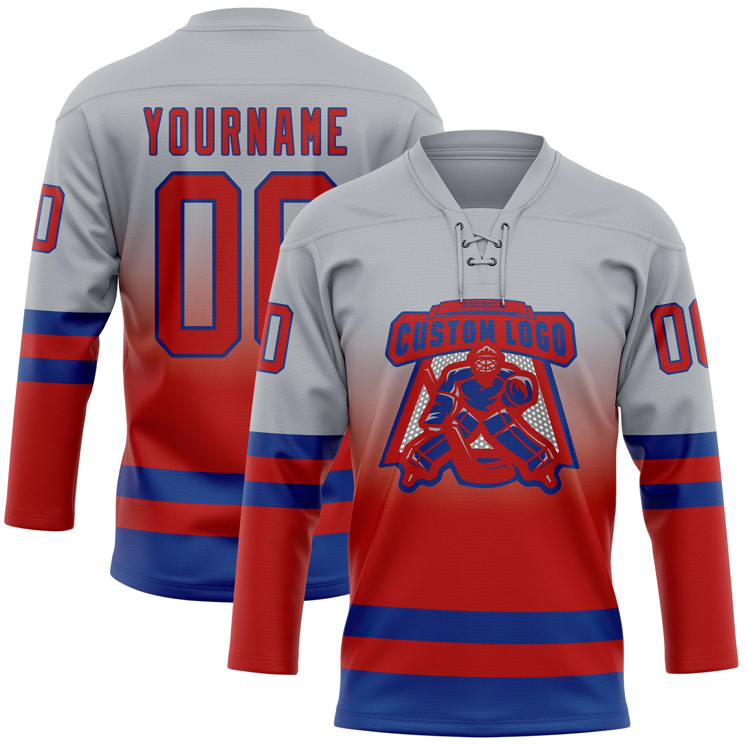 Custom Gray Red-Royal Fade Fashion Hockey Lace Neck Jersey