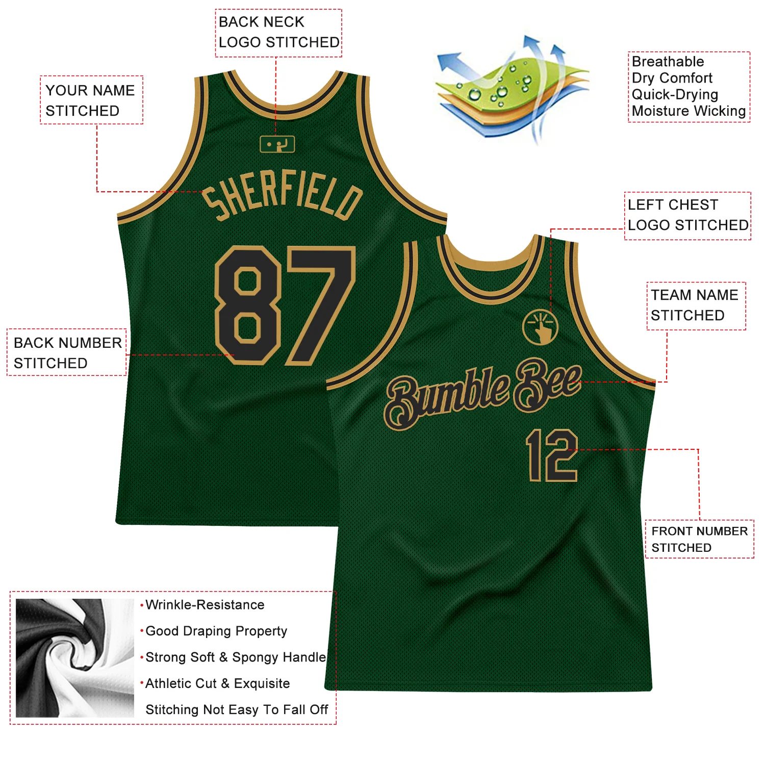 Custom Green Black-Old Gold Authentic Throwback Basketball Jersey