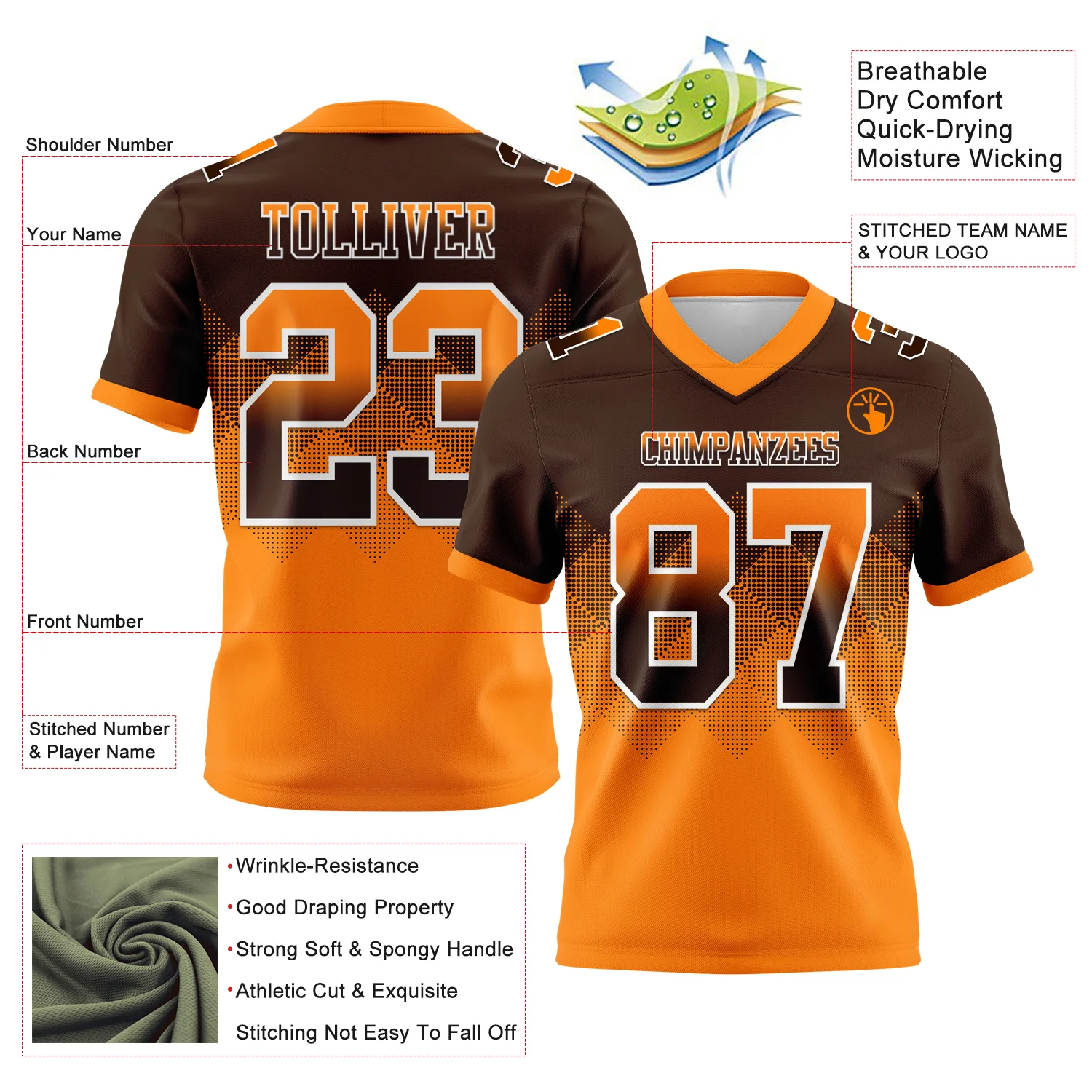 Custom Brown Orange-White Authentic Gradient Square Shape Flag Football Jersey
