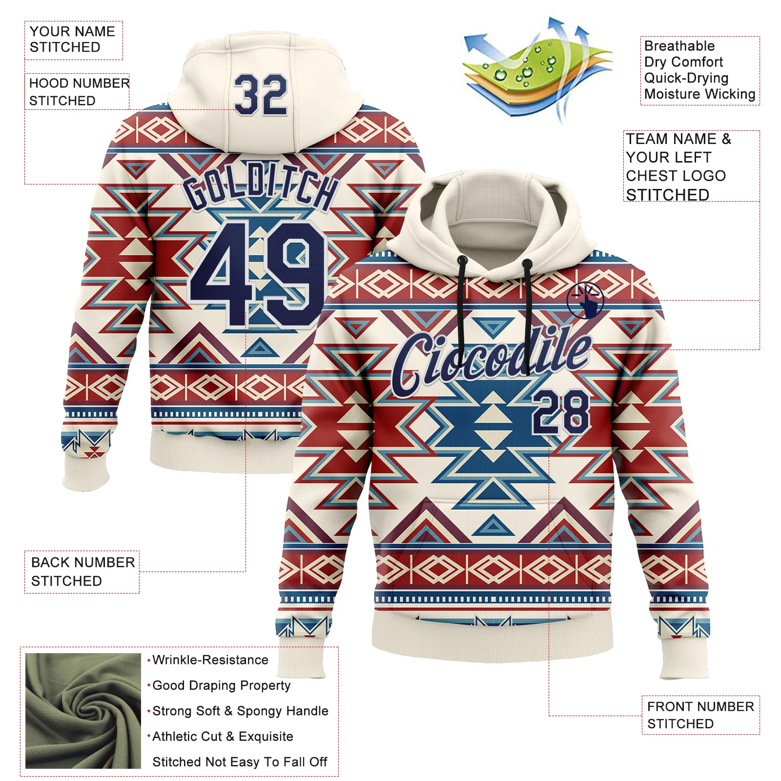 Custom Stitched Cream Navy Red Blue-White 3D Mexico Aztec Pattern Sports Pullover Sweatshirt Hoodie