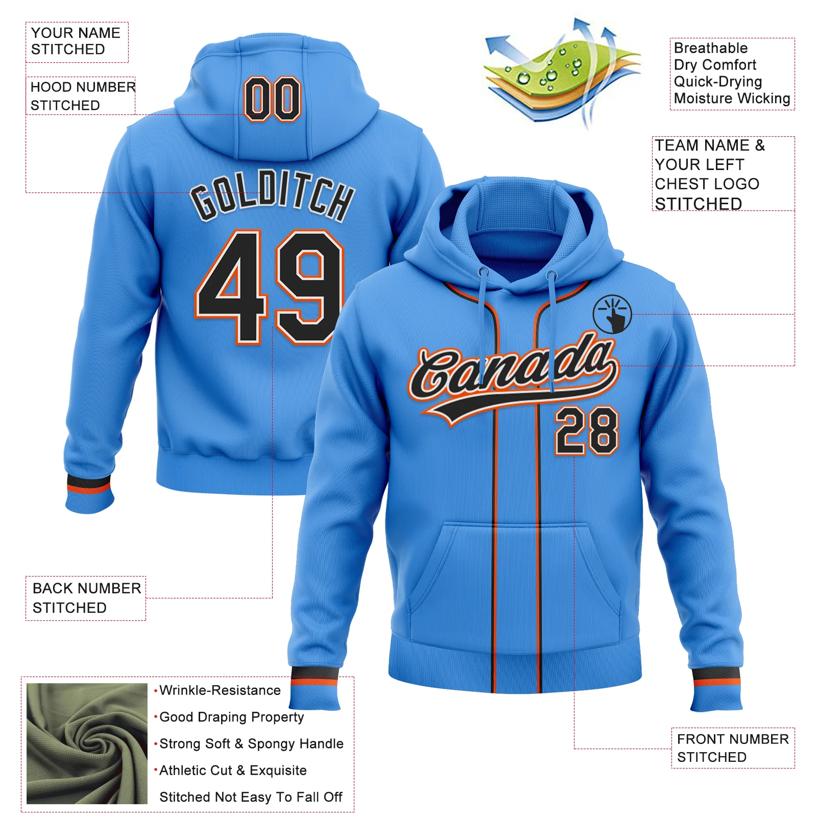 Custom Stitched Powder Blue Black Orange-White Baseball Pullover Sweatshirt Hoodie