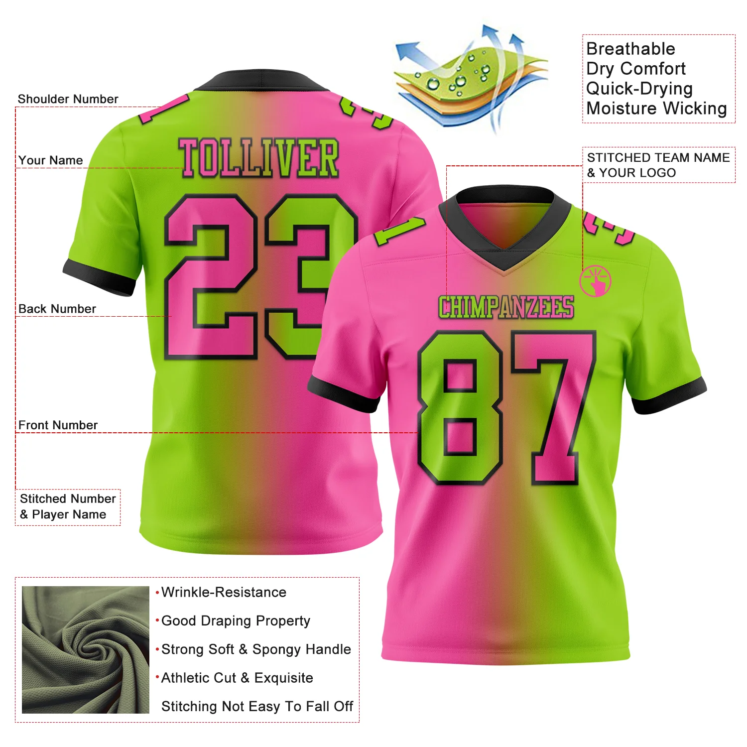 Custom Neon Green Pink-Black Authentic Gradient Fashion Football Jersey