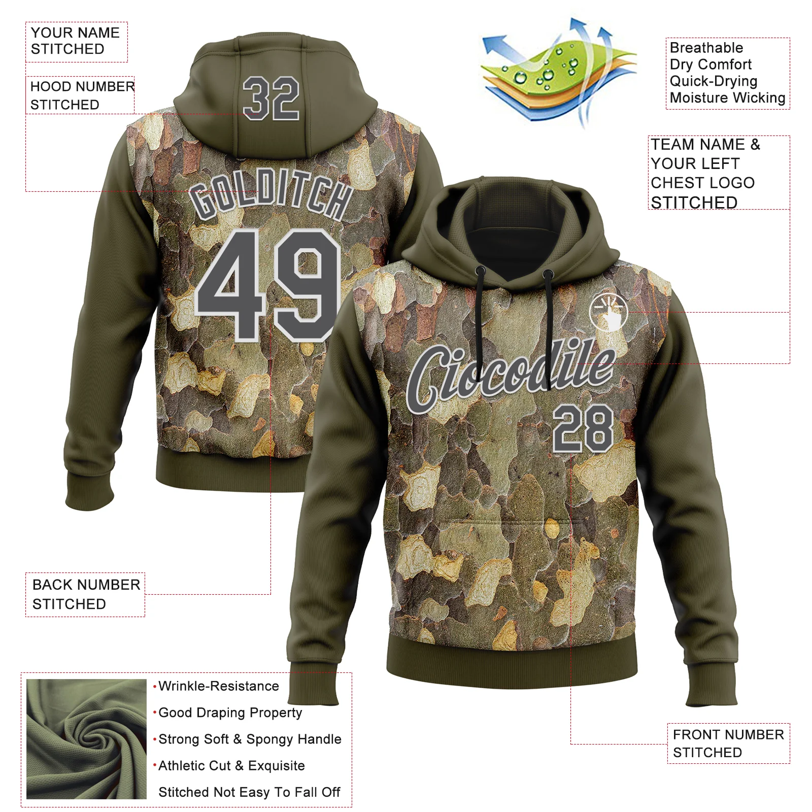 Custom Stitched Olive Steel Gray-White 3D Pattern Design Tree Camo Hunting Sports Pullover Sweatshirt Salute To Service Hoodie