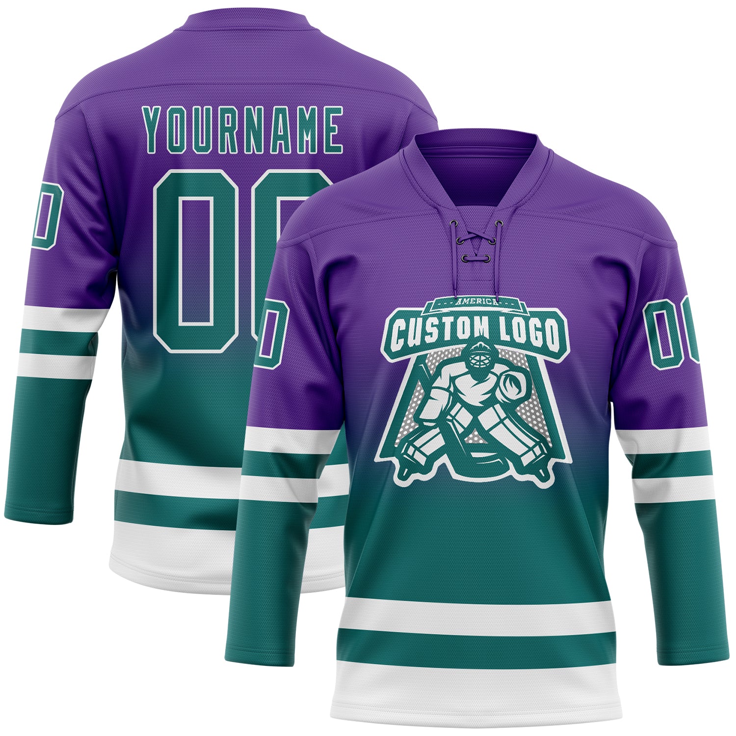 Custom Purple Teal-White Fade Fashion Hockey Lace Neck Jersey