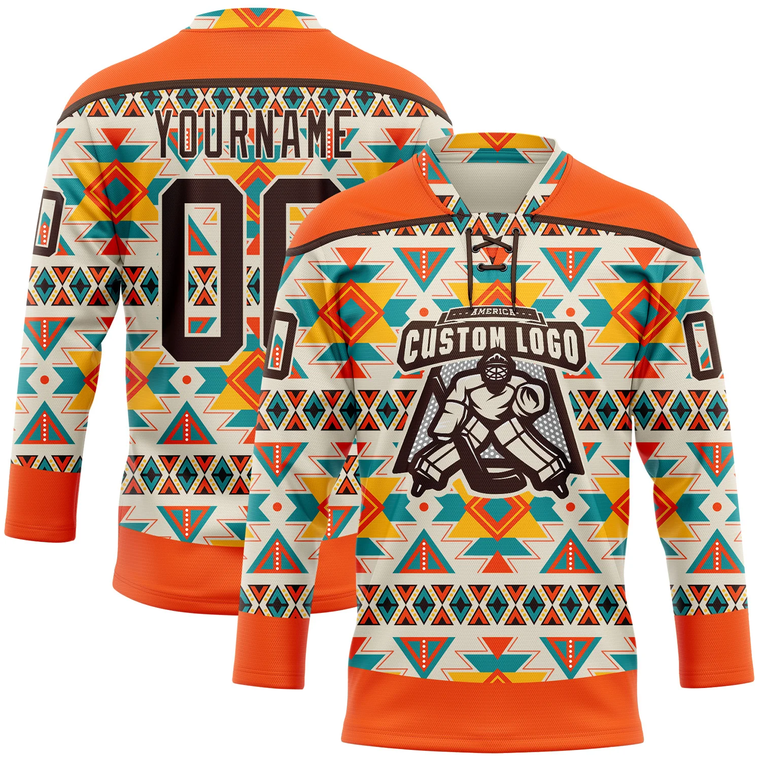 Custom Cream Brown-Orange 3D Pattern Native Americans Tribal Indigenous People Hockey Lace Neck Jersey