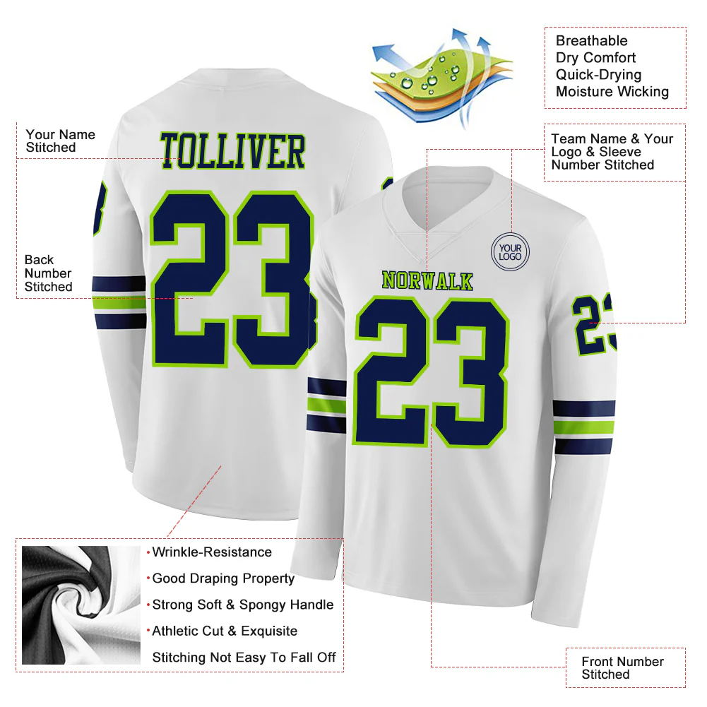 Custom White Navy-Neon Green Long Sleeve Authentic Football Jersey